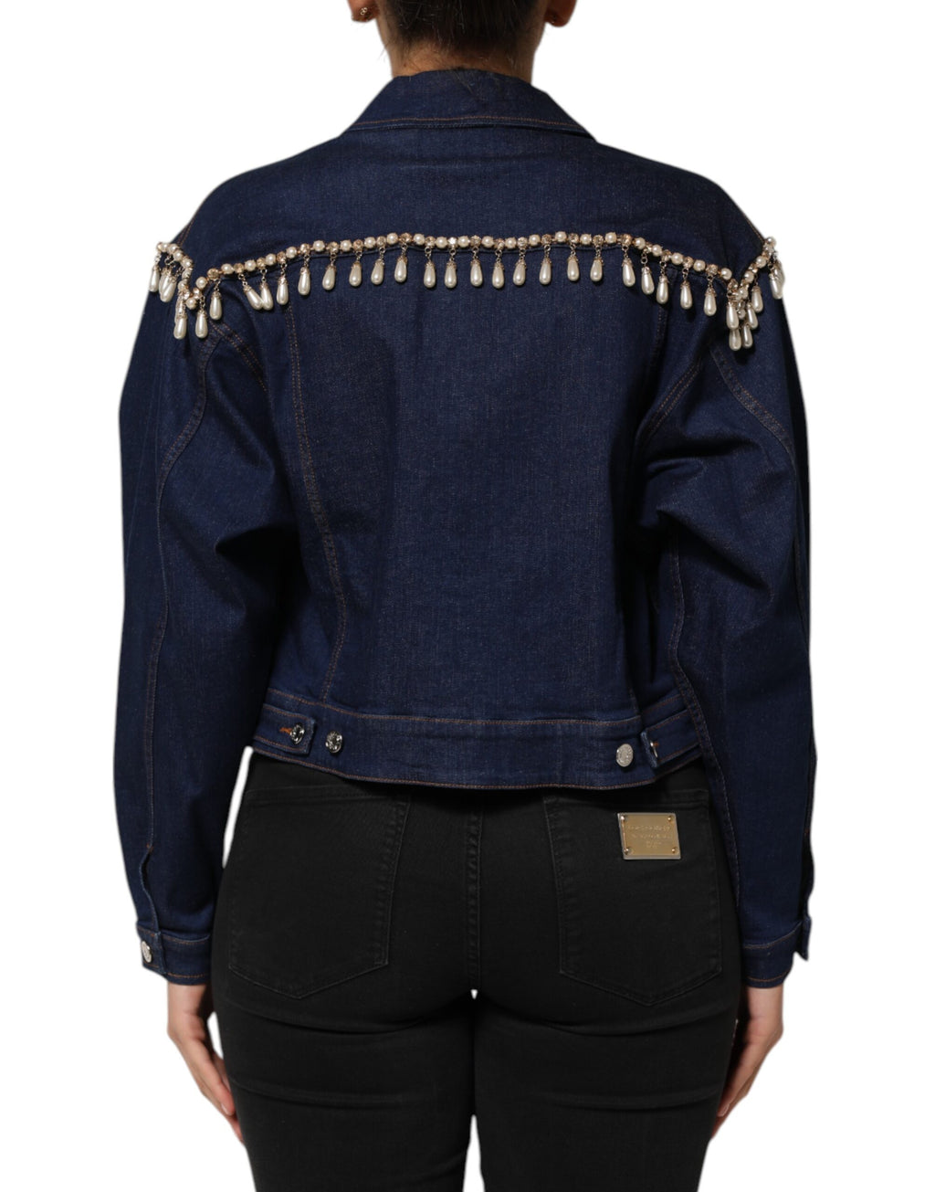 Veste en jean en coton bleu de Dolce & Gabbana avec embellissements en cristal, style élégant et sophistiqué.