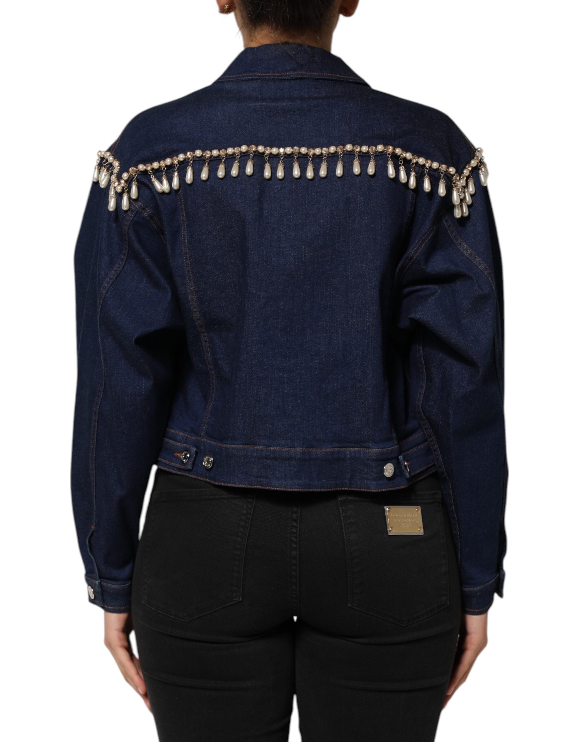 Veste en jean en coton bleu de Dolce & Gabbana avec embellissements en cristal, style élégant et sophistiqué.
