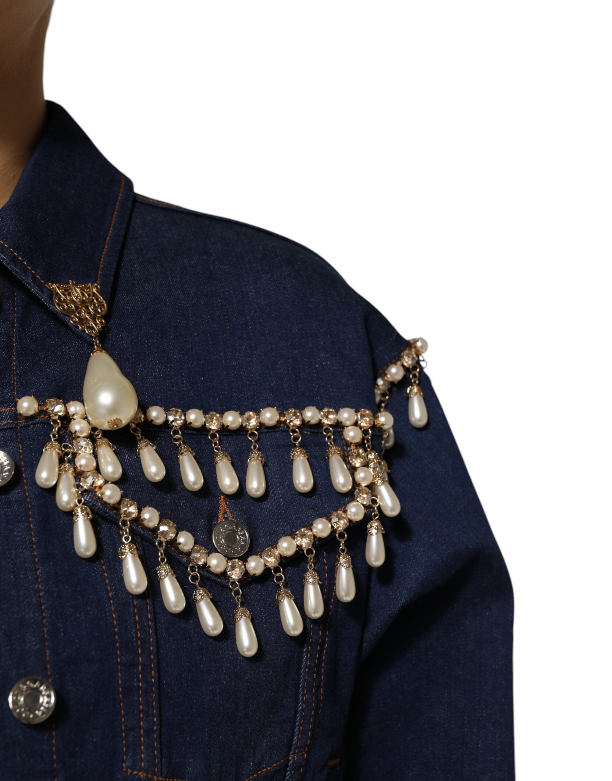 Veste en denim blanc Dolce & Gabbana en coton avec cristaux embellis, style élégant et sophistiqué.