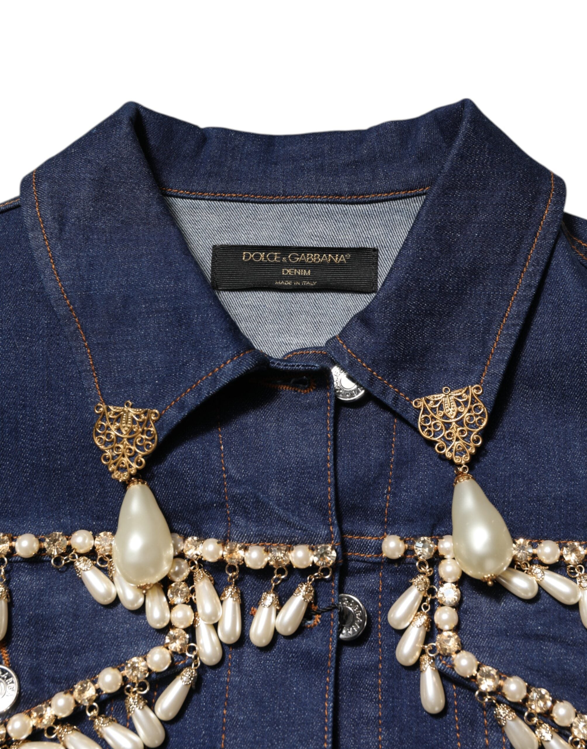 Veste en denim en coton bleu Dolce & Gabbana ornée de cristaux brillants, style élégant et sophistiqué.