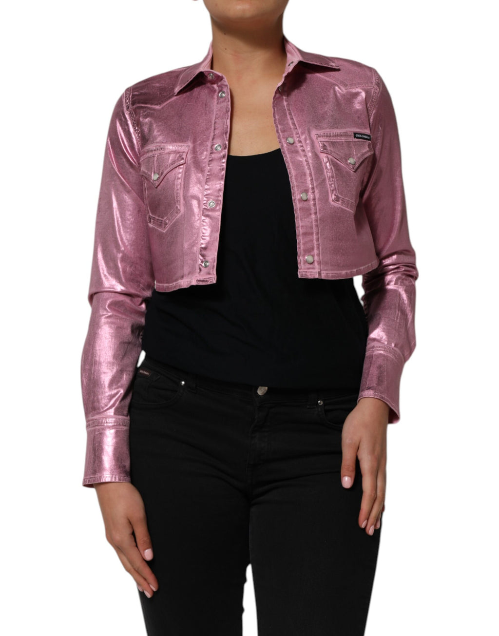 Veste courte en coton rose stretch avec col, marque Dolce & Gabbana, vue de face.