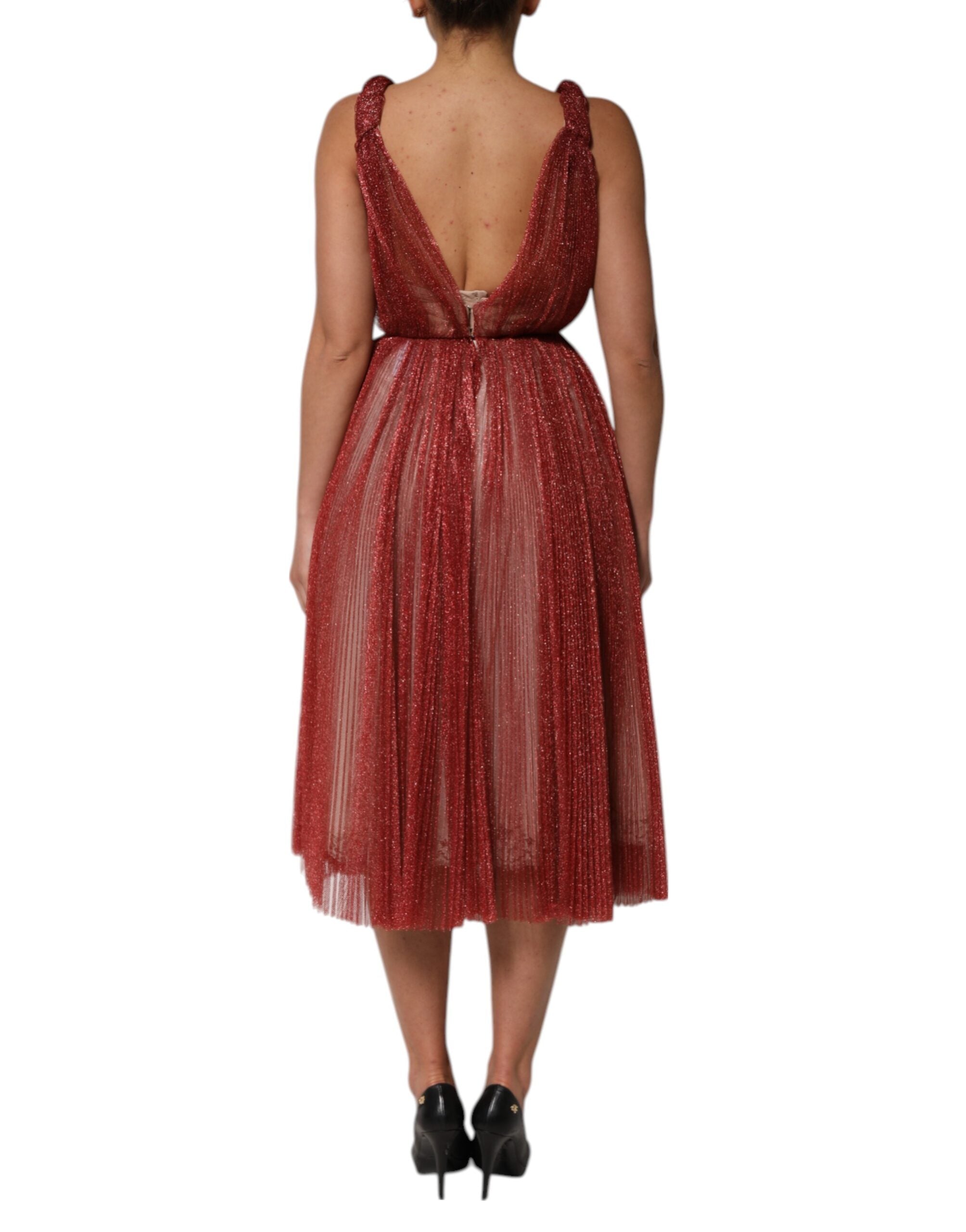 Robe midi sans manches en mesh bourgogne de Dolce & Gabbana, coupe A-line élégante et fluide, vue de face.