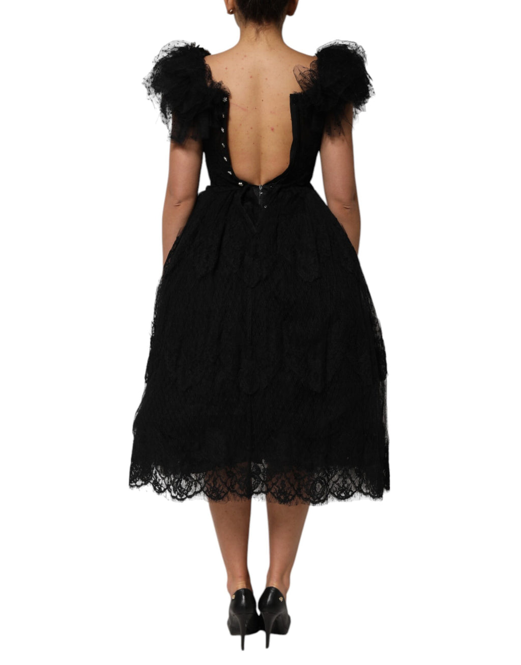 Robe midi en ligne A noire de Dolce & Gabbana ornée de cristaux brillants, élégante et sophistiquée.