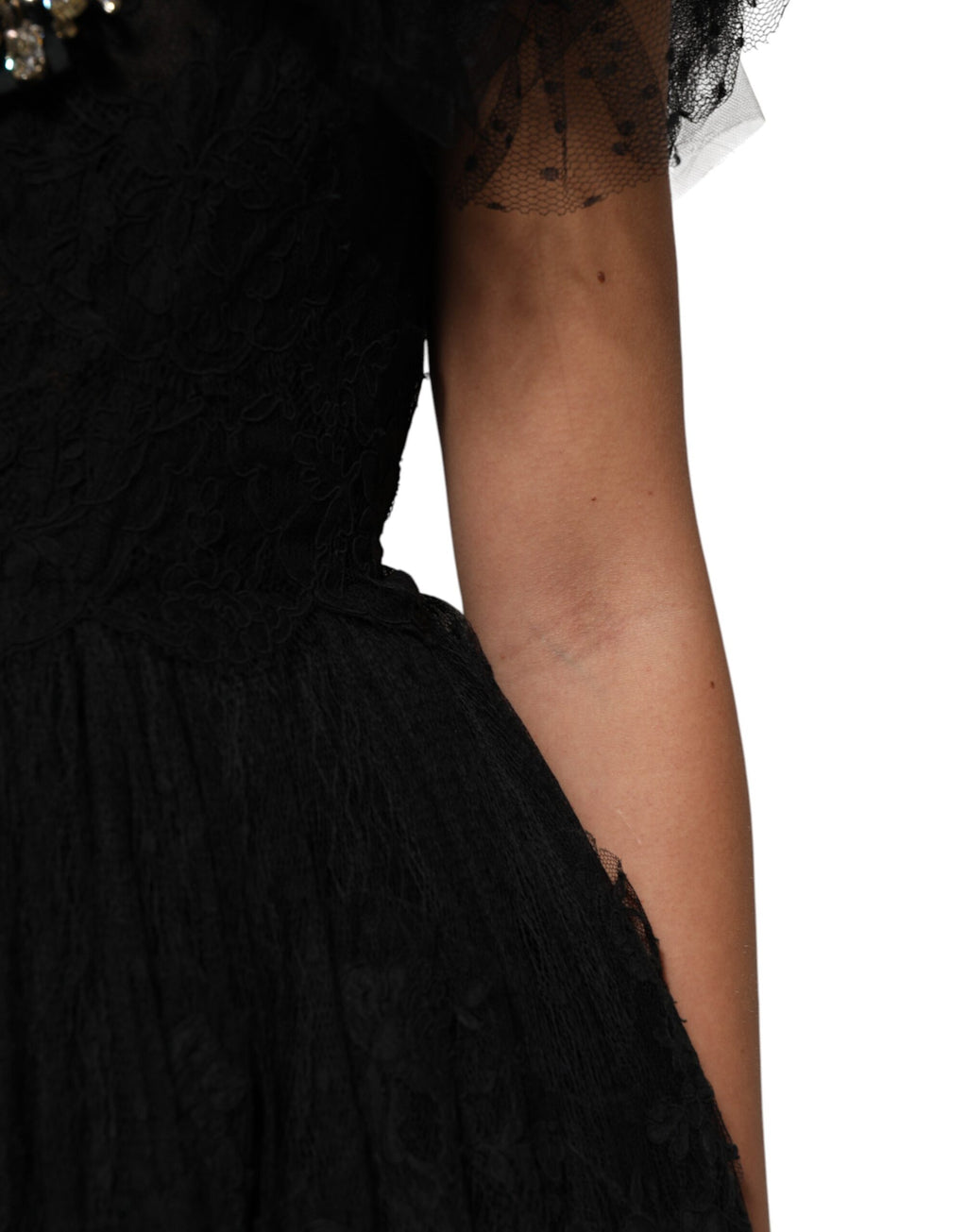 Robe midi en ligne A noire Dolce & Gabbana ornée de cristaux brillants et embellissements élégants.