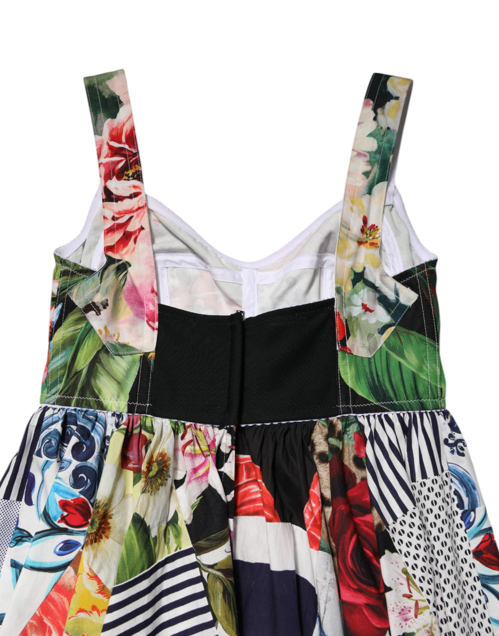 Robe courte en coton à patchwork multicolore de Dolce & Gabbana, coupe évasée et style élégant.
