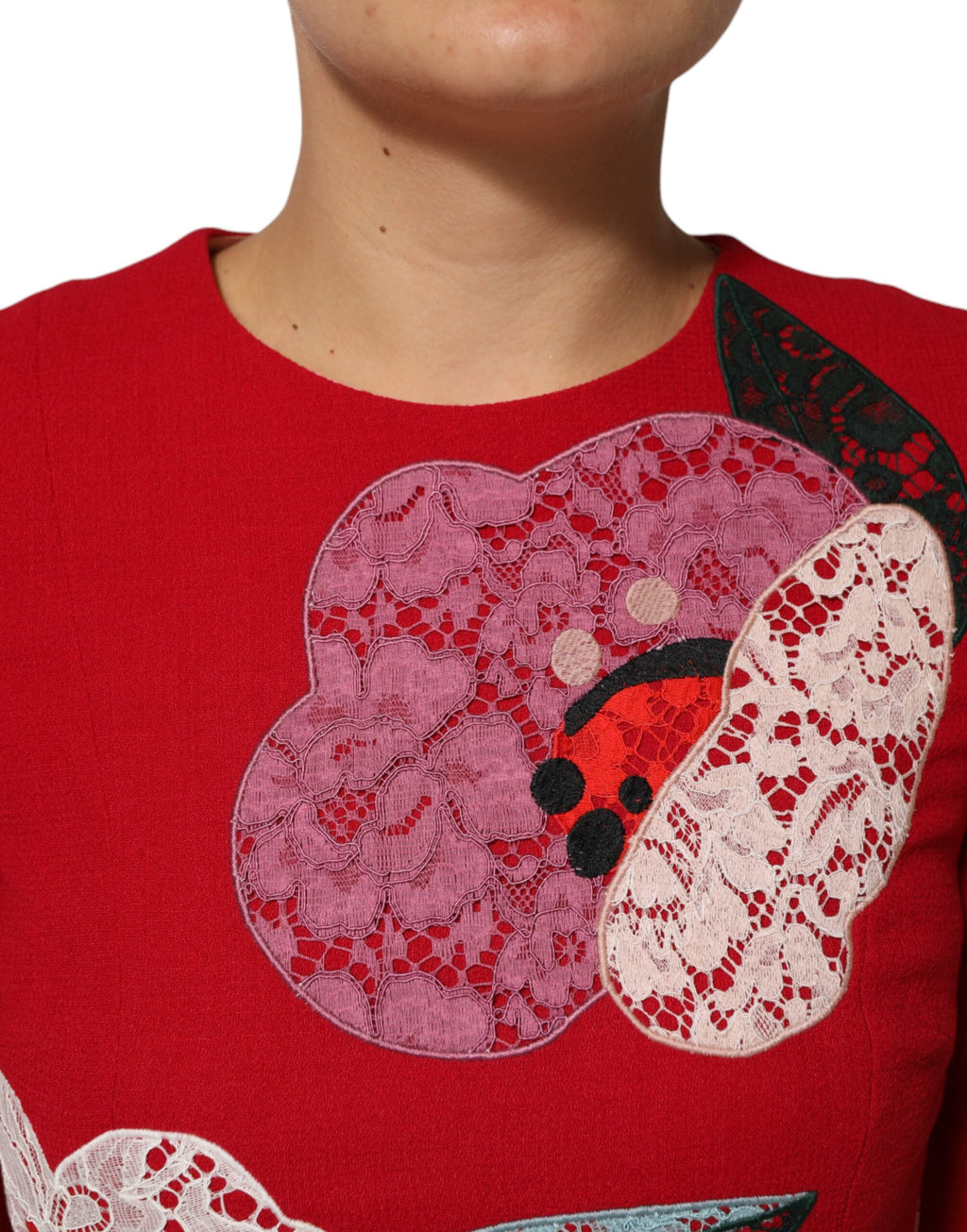 Robe courte en dentelle rouge à appliqué floral, style A-line, de la marque Dolce & Gabbana, portée élégante et sophistiquée.