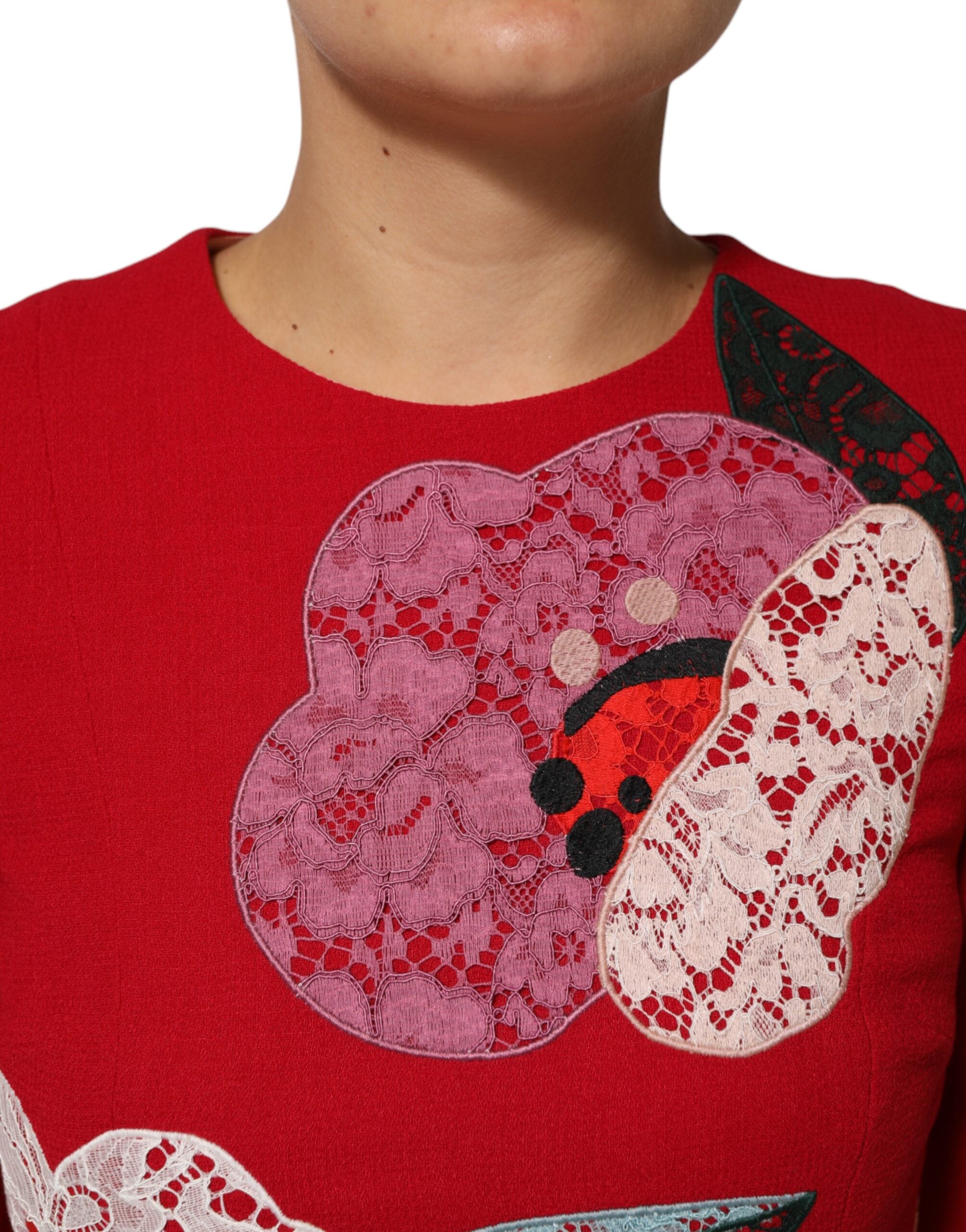 Robe courte en dentelle rouge à appliqué floral, style A-line, de la marque Dolce & Gabbana, portée élégante et sophistiquée.
