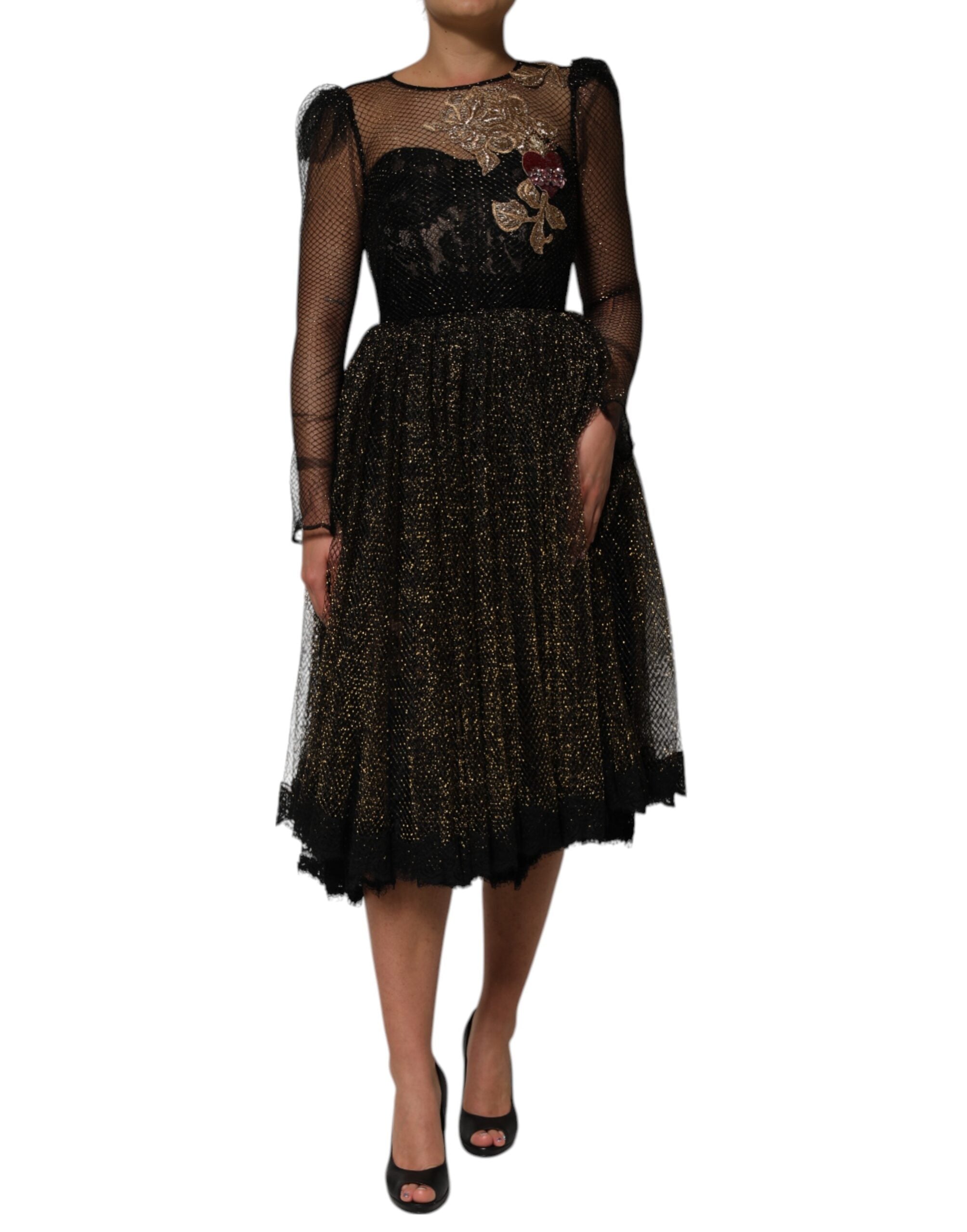 Robe trapèze noire Dolce & Gabbana ornée de cristaux en forme de cœur, élégante et sophistiquée.