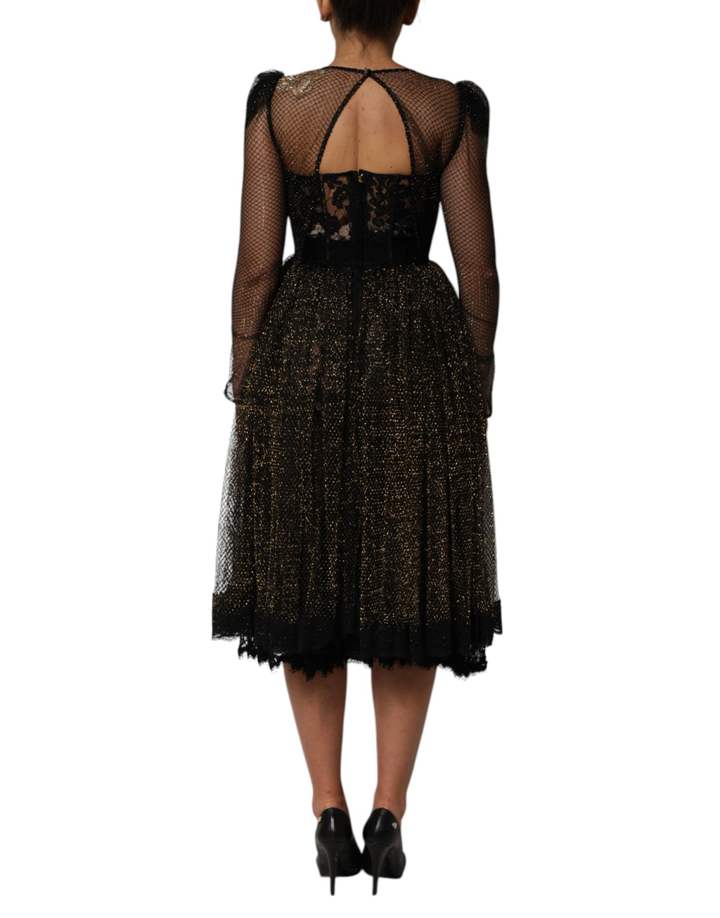 Robe en ligne A noire Dolce & Gabbana ornée de cristaux en forme de cœur brillant et embellissements élégants.