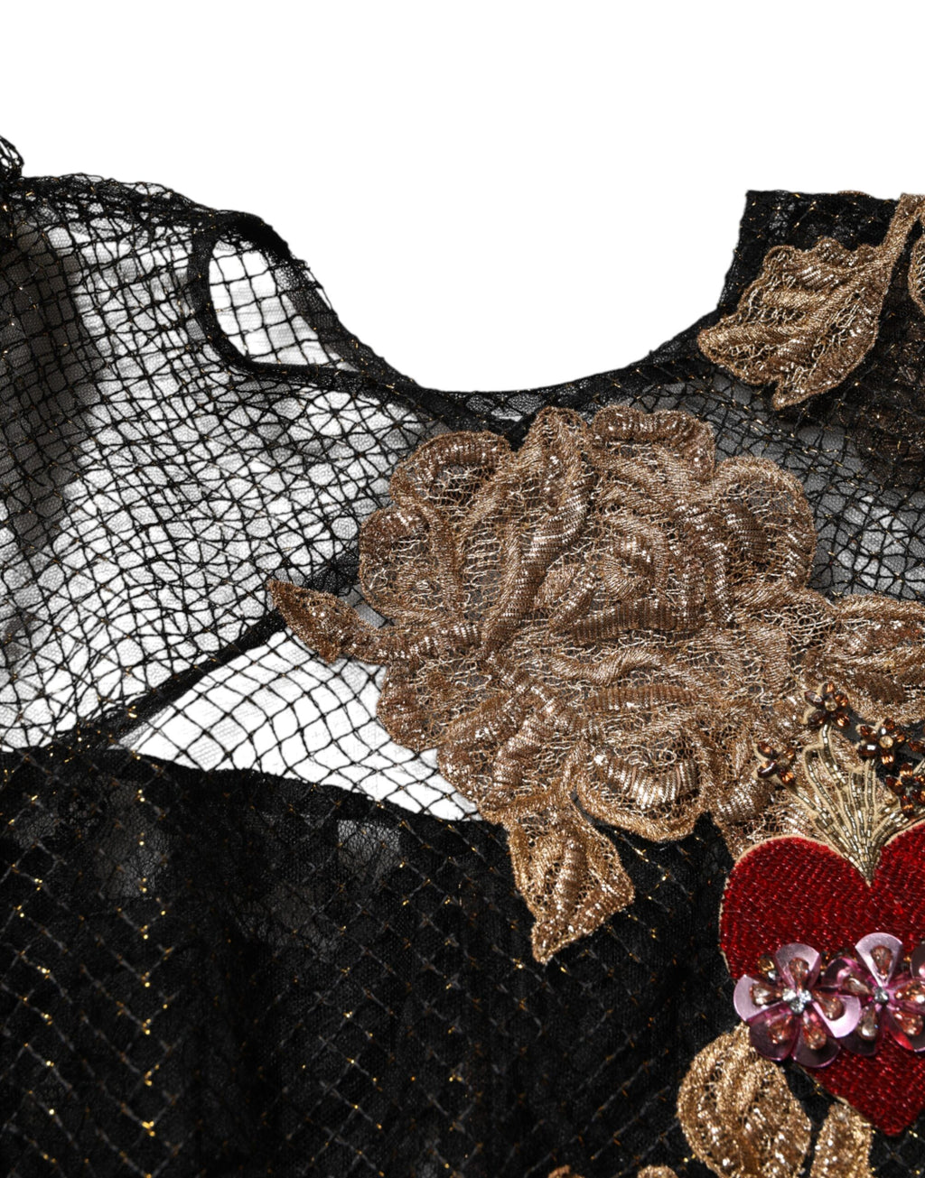 Robe en ligne Dolce & Gabbana noire ornée de cristaux en forme de cœur, coupe évasée et élégante.
