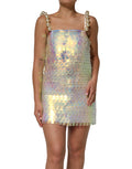Robe courte holographique à sequins multicolores de Dolce & Gabbana, design miniature et élégance glamour.
