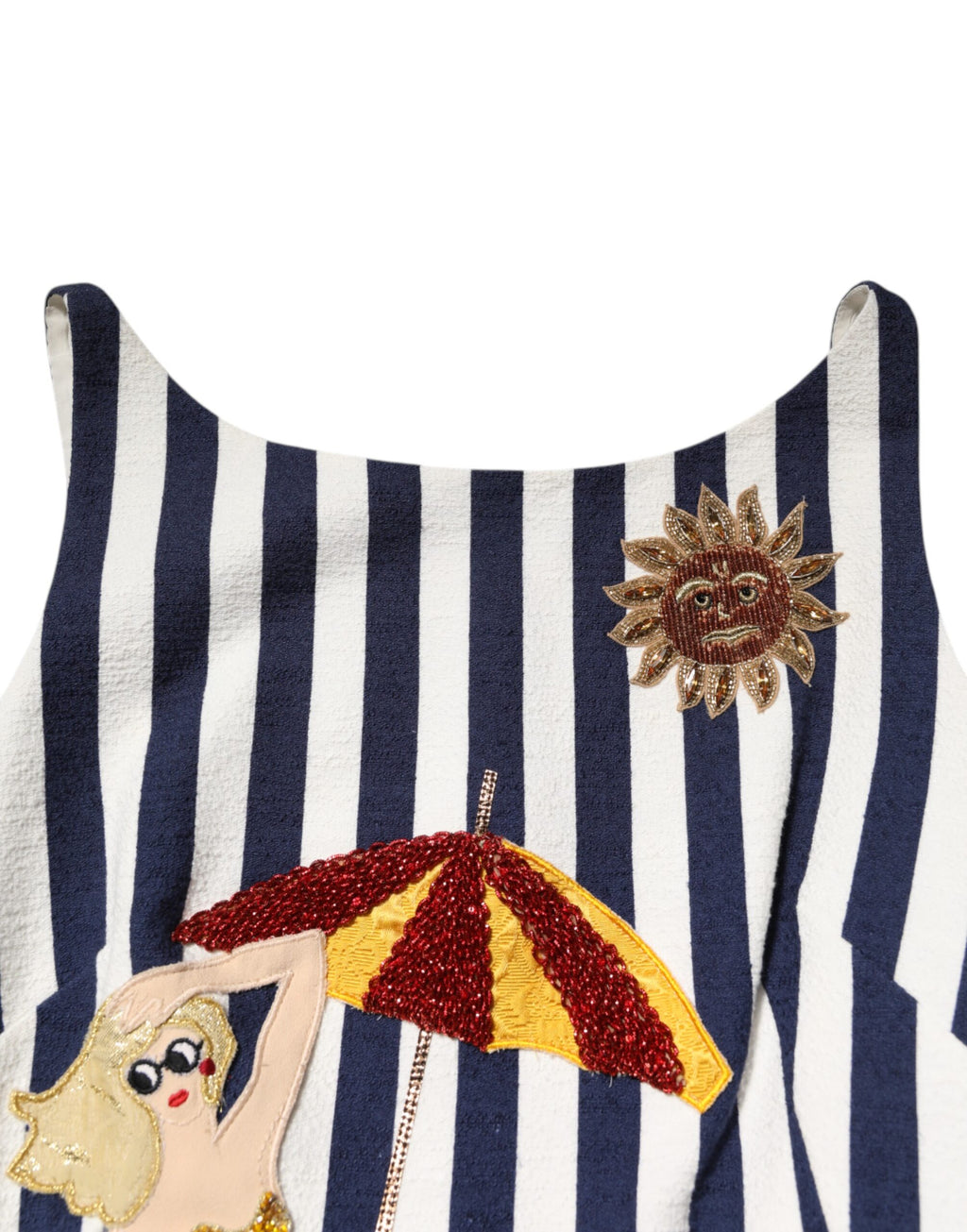 Robe trapèze bleue et blanche à rayures avec broderies Dolce & Gabbana, style élégant et féminin.