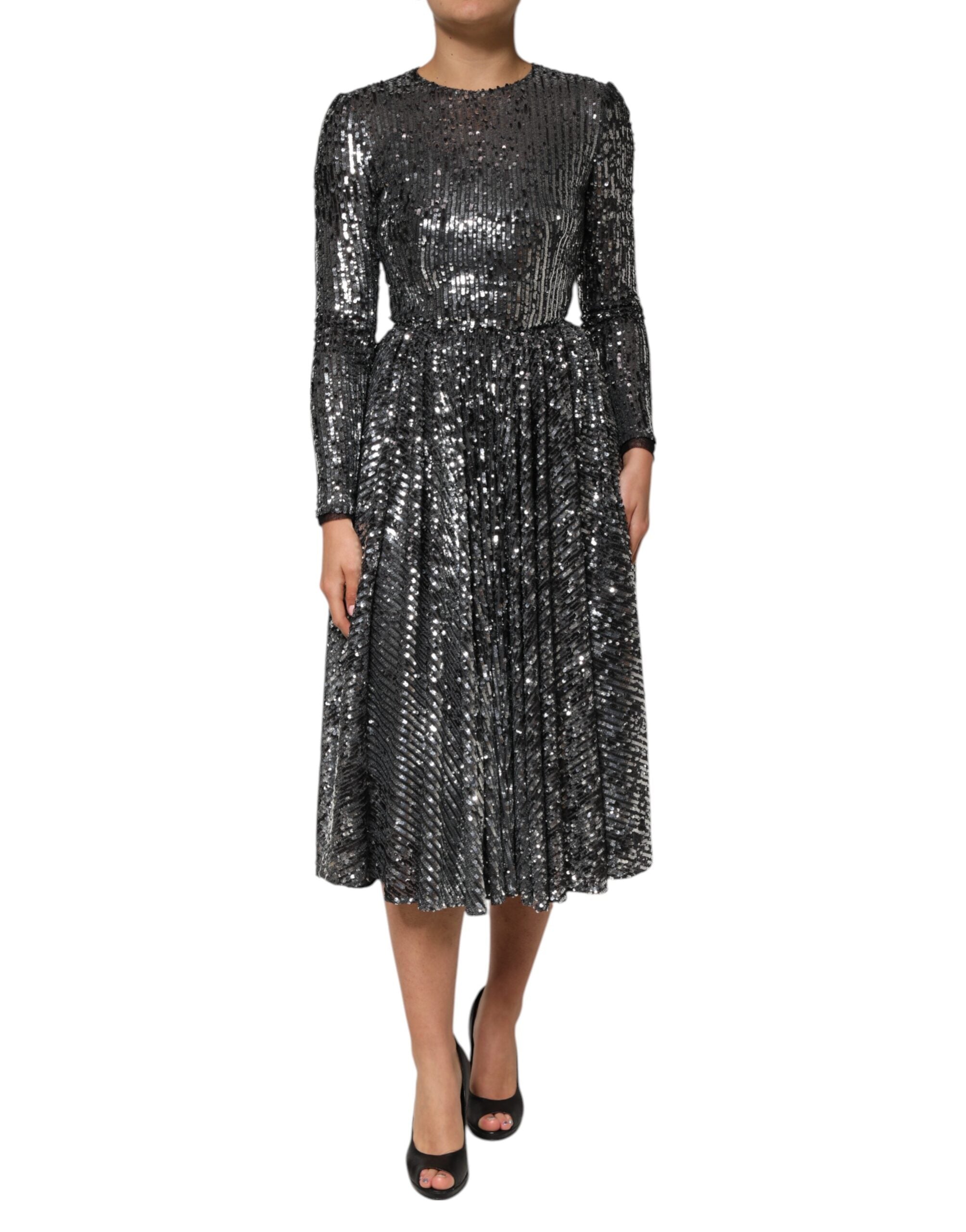 Robe midi longue à manches longues Dolce & Gabbana, noire, à sequins, coupe A-line, élégante et sophistiquée.