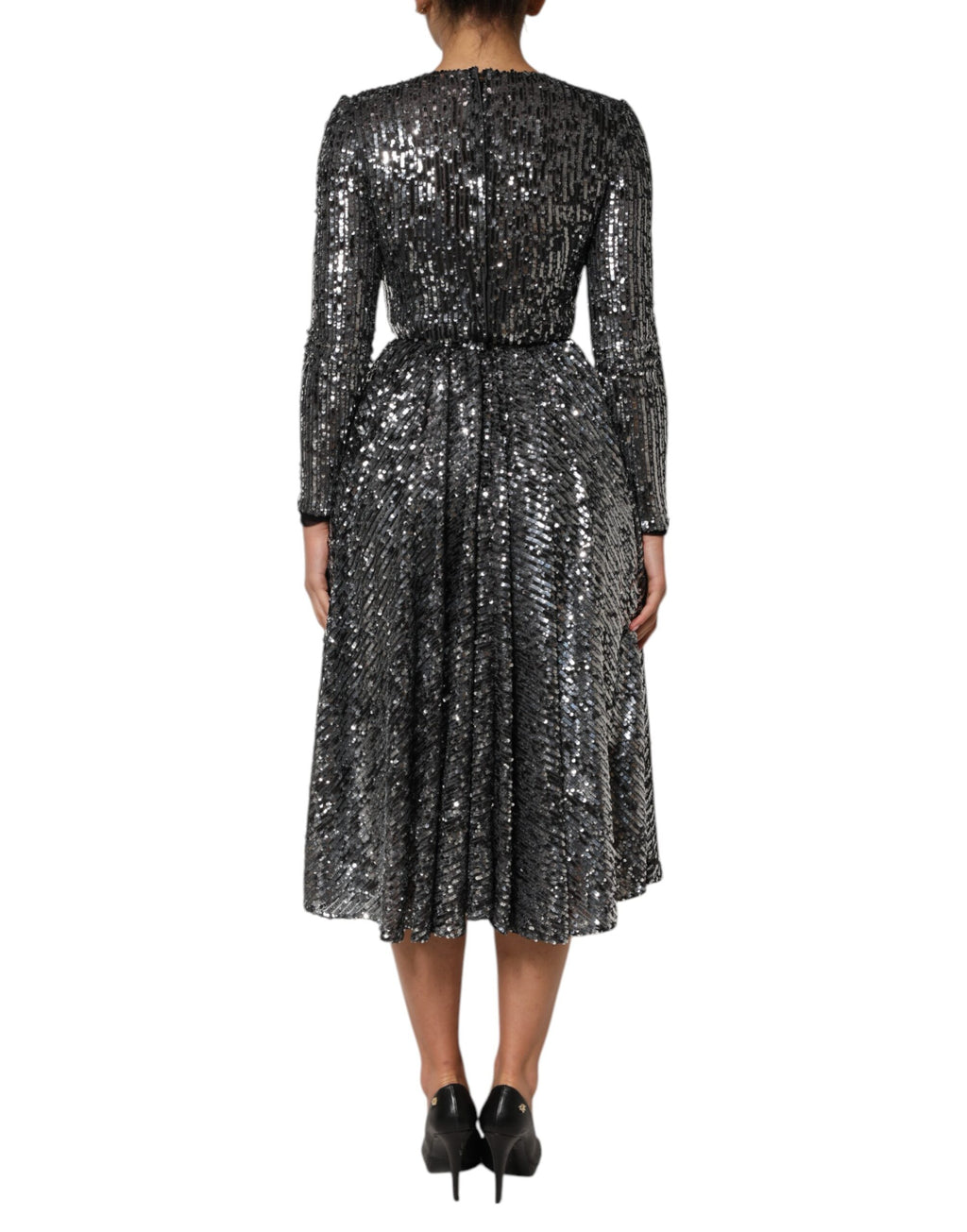 Robe midi noire Dolce & Gabbana à sequins, manches longues, style A-line, élégante et sophistiquée.