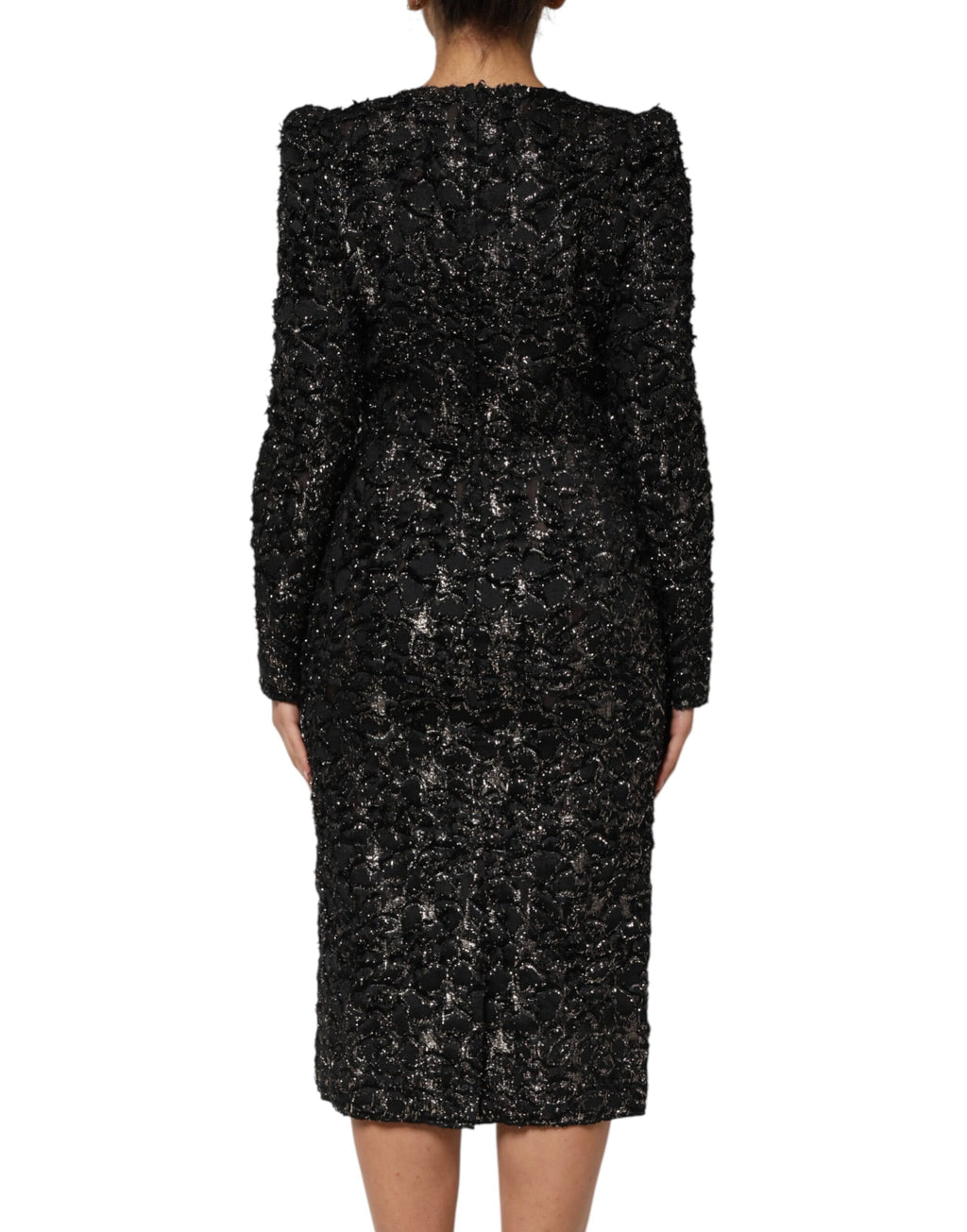 Robe droite Dolce & Gabbana en tweed bouclé noir avec sequins, élégante et sophistiquée, vue de face.