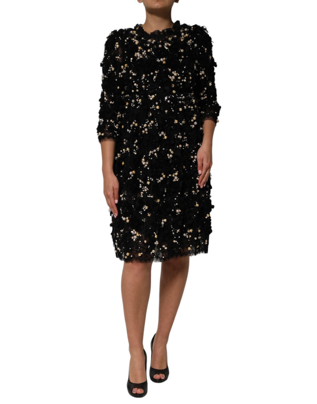 Robe droite en viscose noire de Dolce & Gabbana avec embellissements de perles élégants sur le devant.