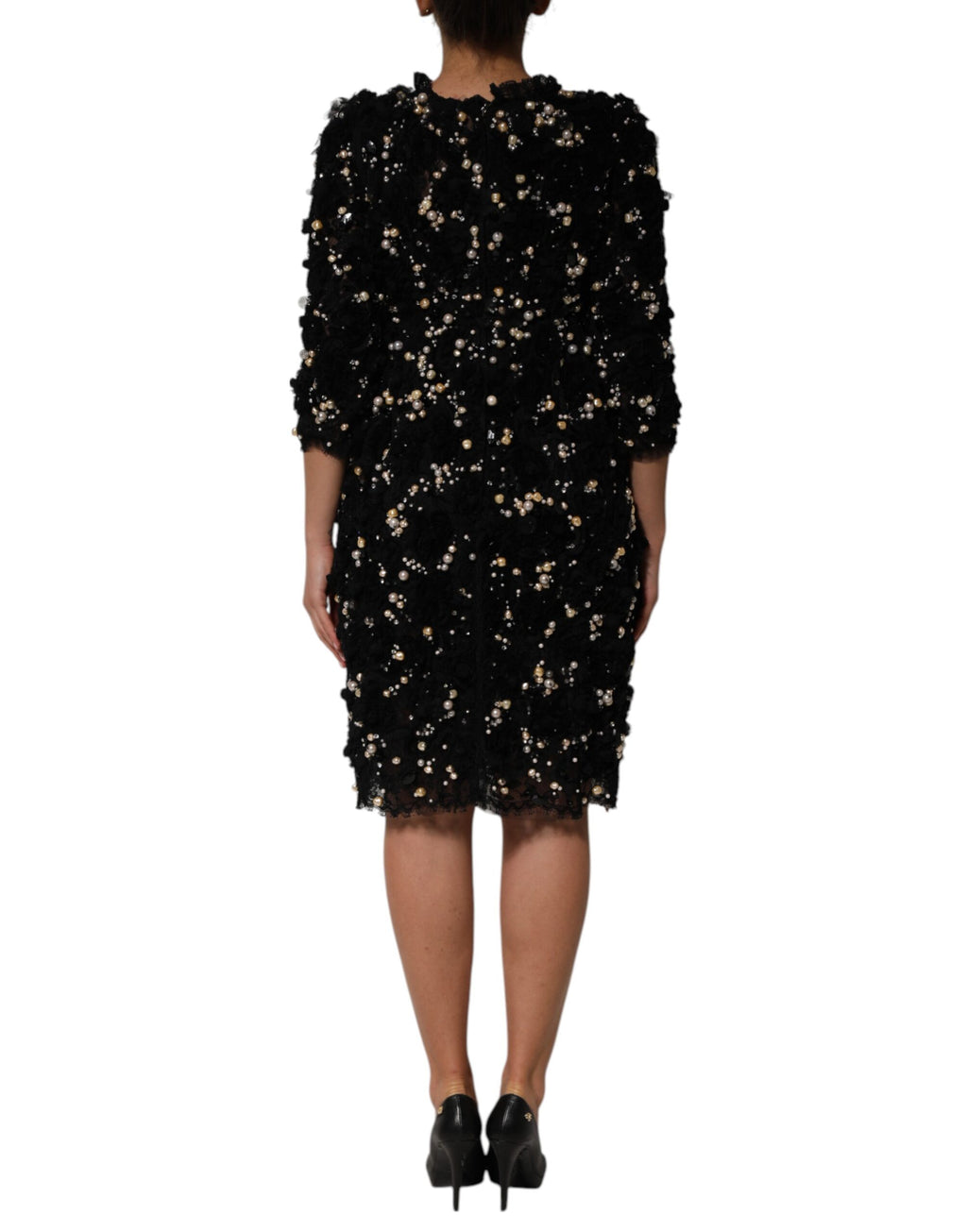 Robe droite noire en viscose Dolce & Gabbana avec embellissements de perles élégants et détails raffinés.
