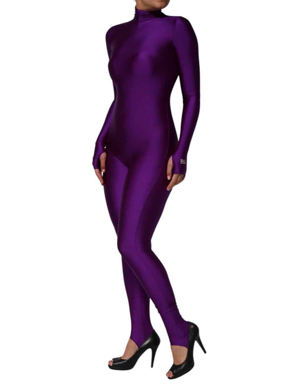 Combinaison moulante en nylon violet Dolce & Gabbana avec col roulé, ajustée et élégante, pour un look sophistiqué.