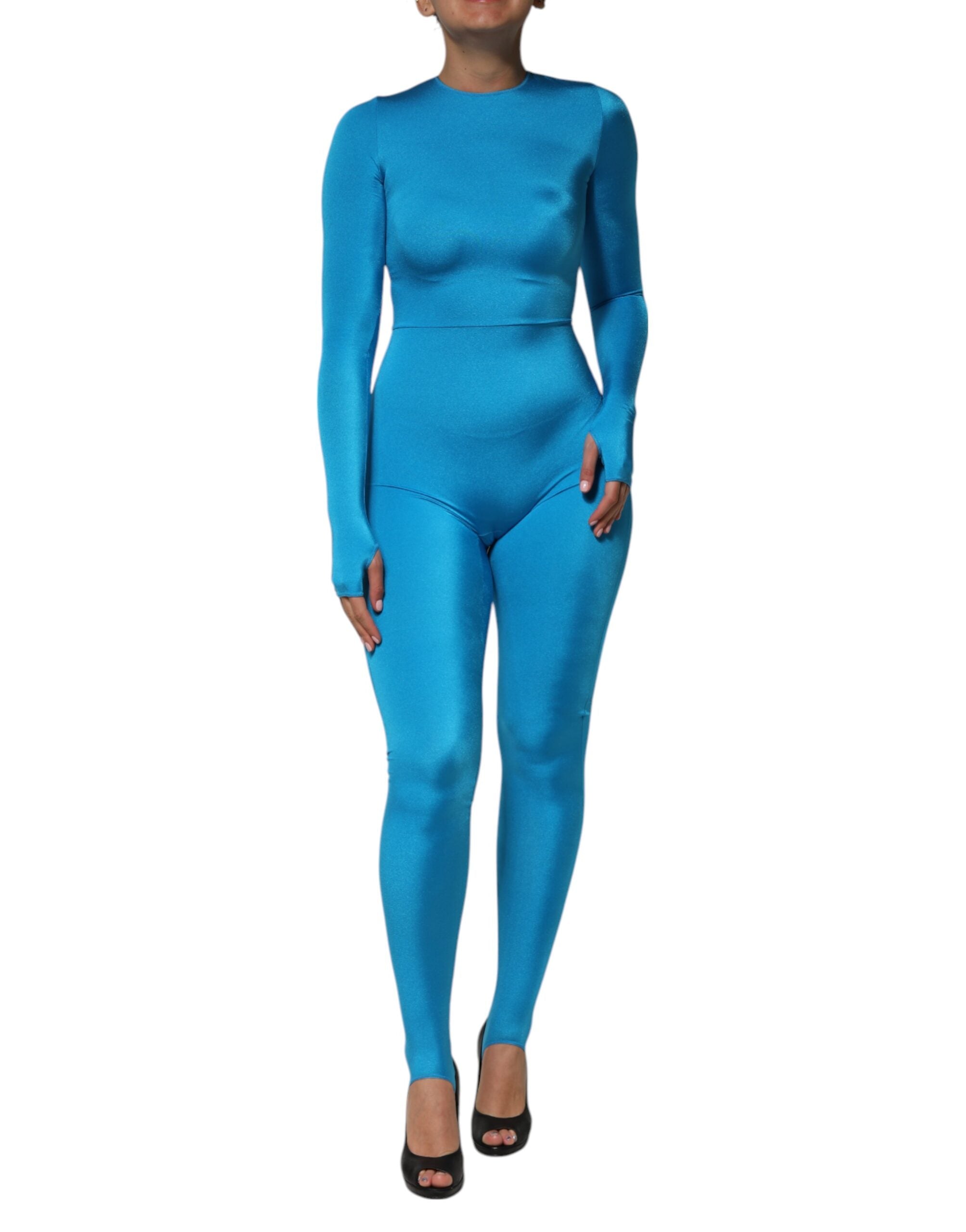 Combinaison moulante bleue en nylon de Dolce & Gabbana avec col rond, ajustée et élégante, vue de face.