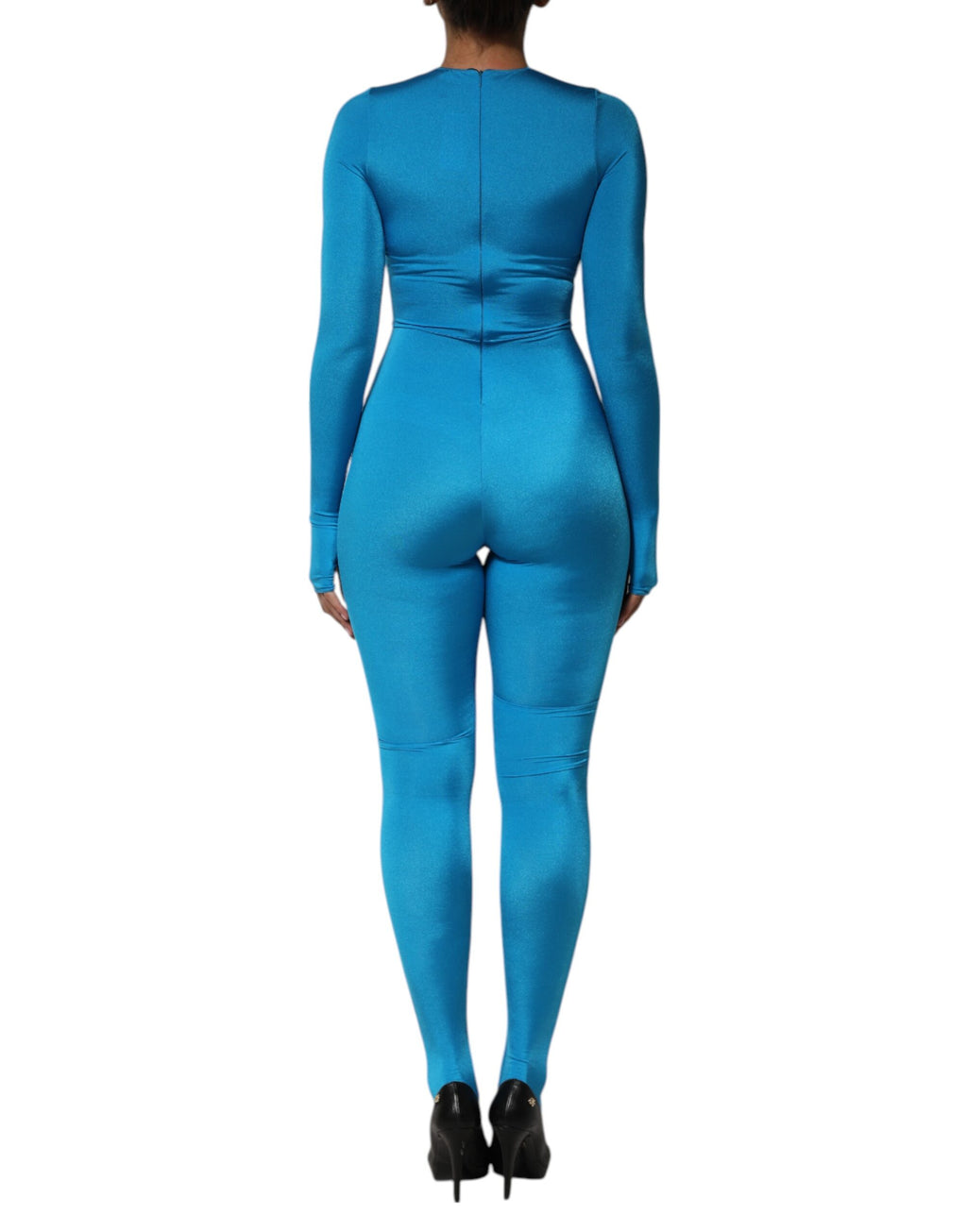 Combinaison moulante bleue en nylon Dolce & Gabbana avec col rond, ajustée et élégante, vue de face.