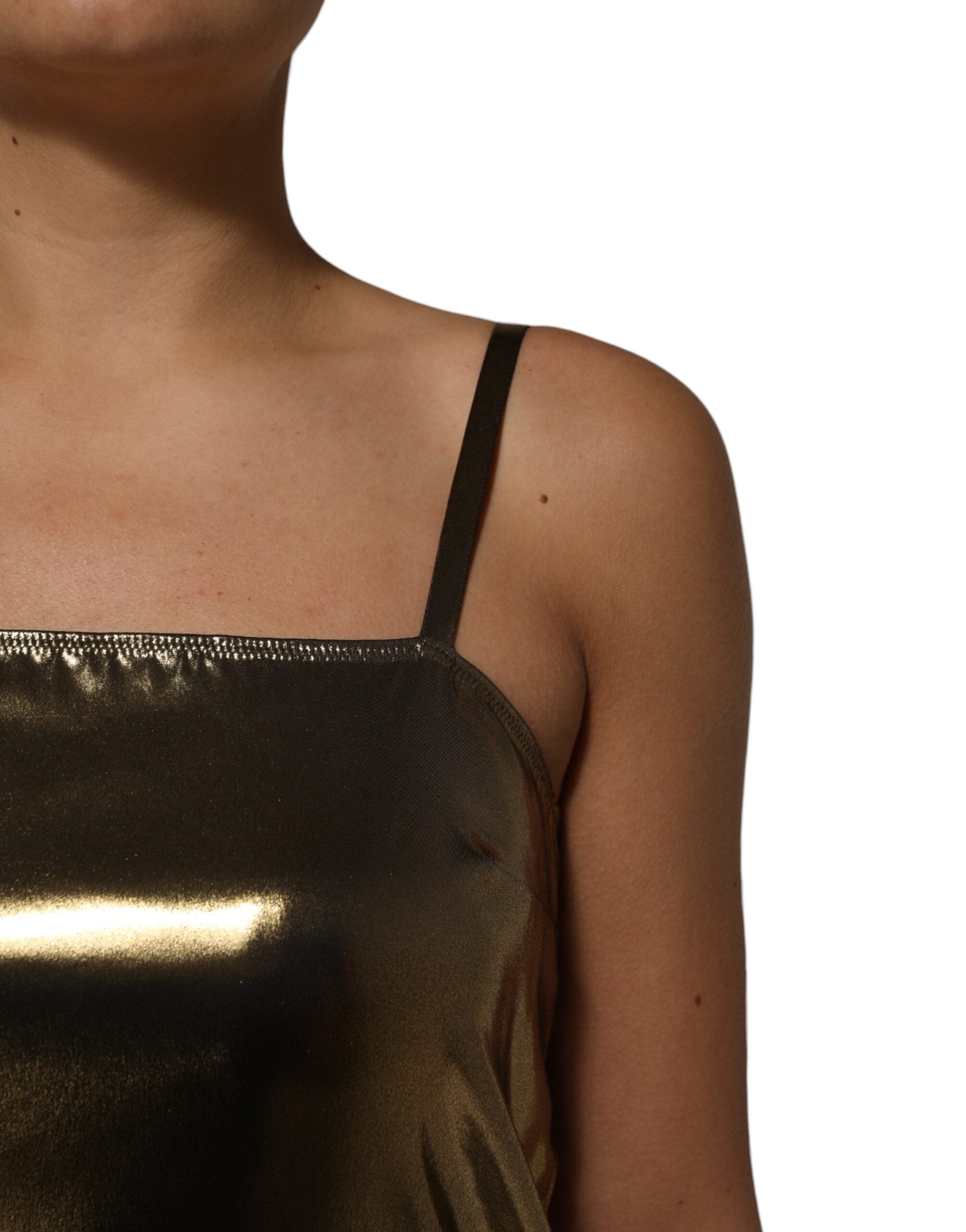 Robe courte sans manches dorée métallique de style A-line Dolce & Gabbana, élégante et brillante.