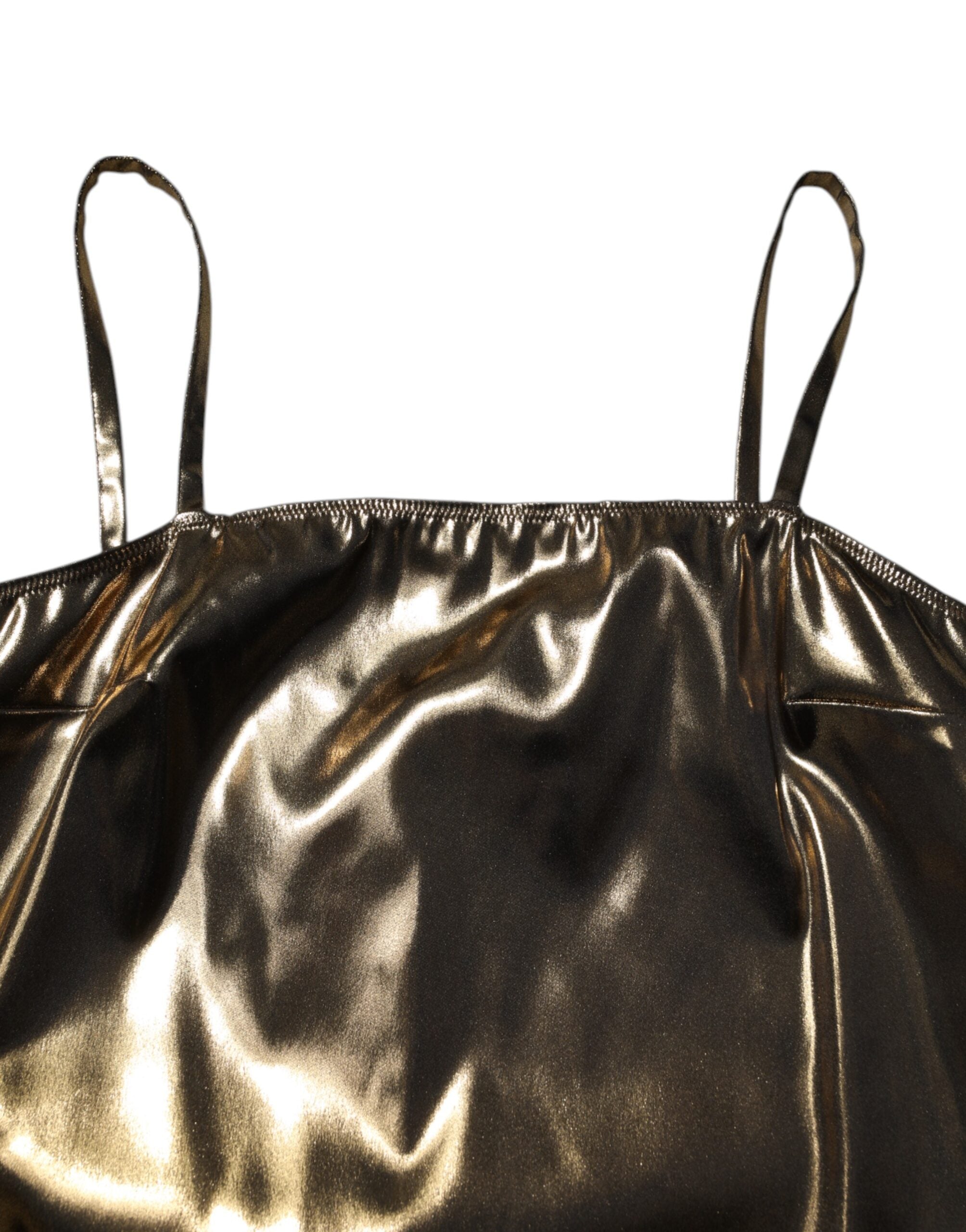 Robe courte sans manches Dolce & Gabbana en métal doré, coupe en A, style élégant et tendance.