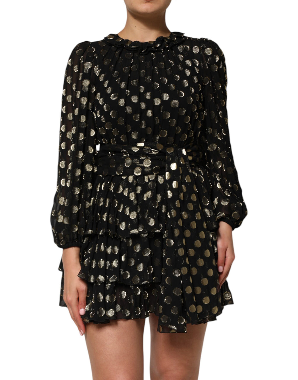 Robe courte en soie à pois dorés noirs de Dolce & Gabbana, brocart élégant avec détails raffinés.