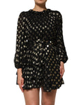 Robe courte en soie à pois dorés noirs de Dolce & Gabbana, brocart élégant avec détails raffinés.