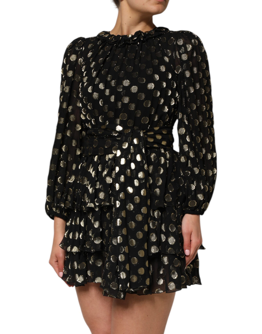 Robe courte en soie noire à pois dorés et brocart de Dolce & Gabbana, élégante et sophistiquée.