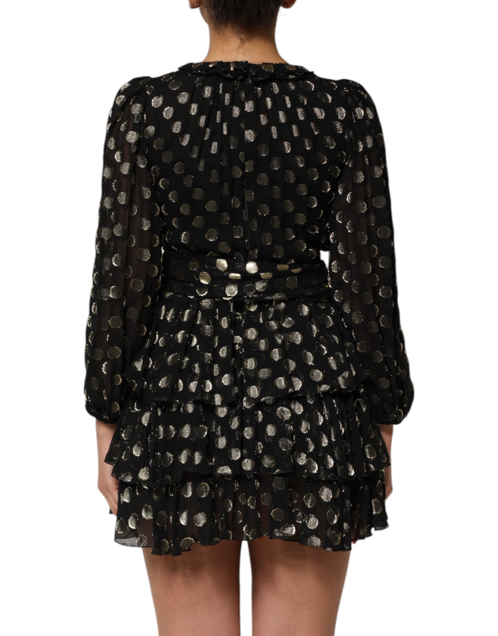 Robe courte en soie noire à pois dorés Dolce & Gabbana, robe en brocart élégante avec motifs polka dots.
