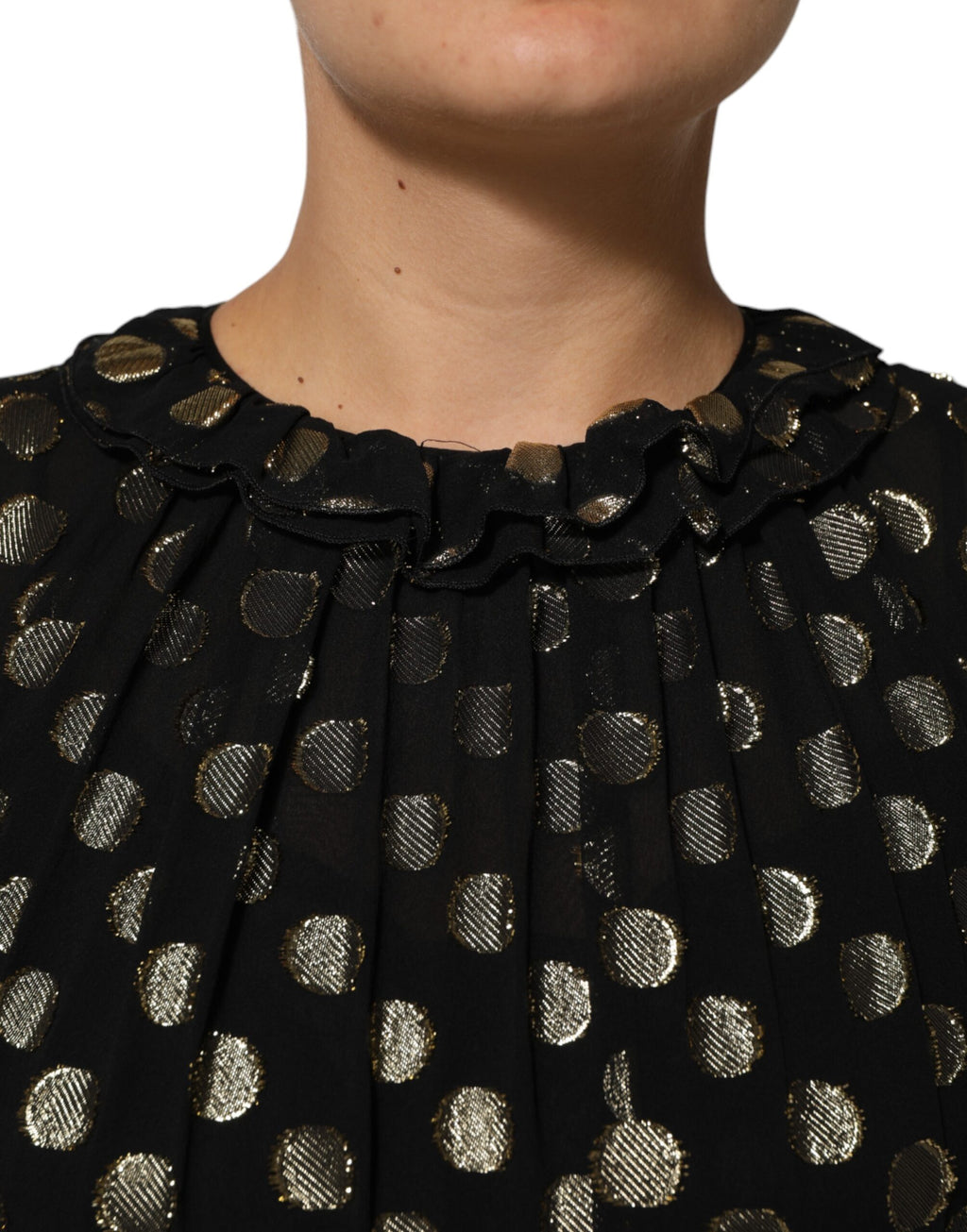 Robe courte en soie noire et or à pois Dolce & Gabbana, brocart élégant avec coupe mini et détails sophistiqués.