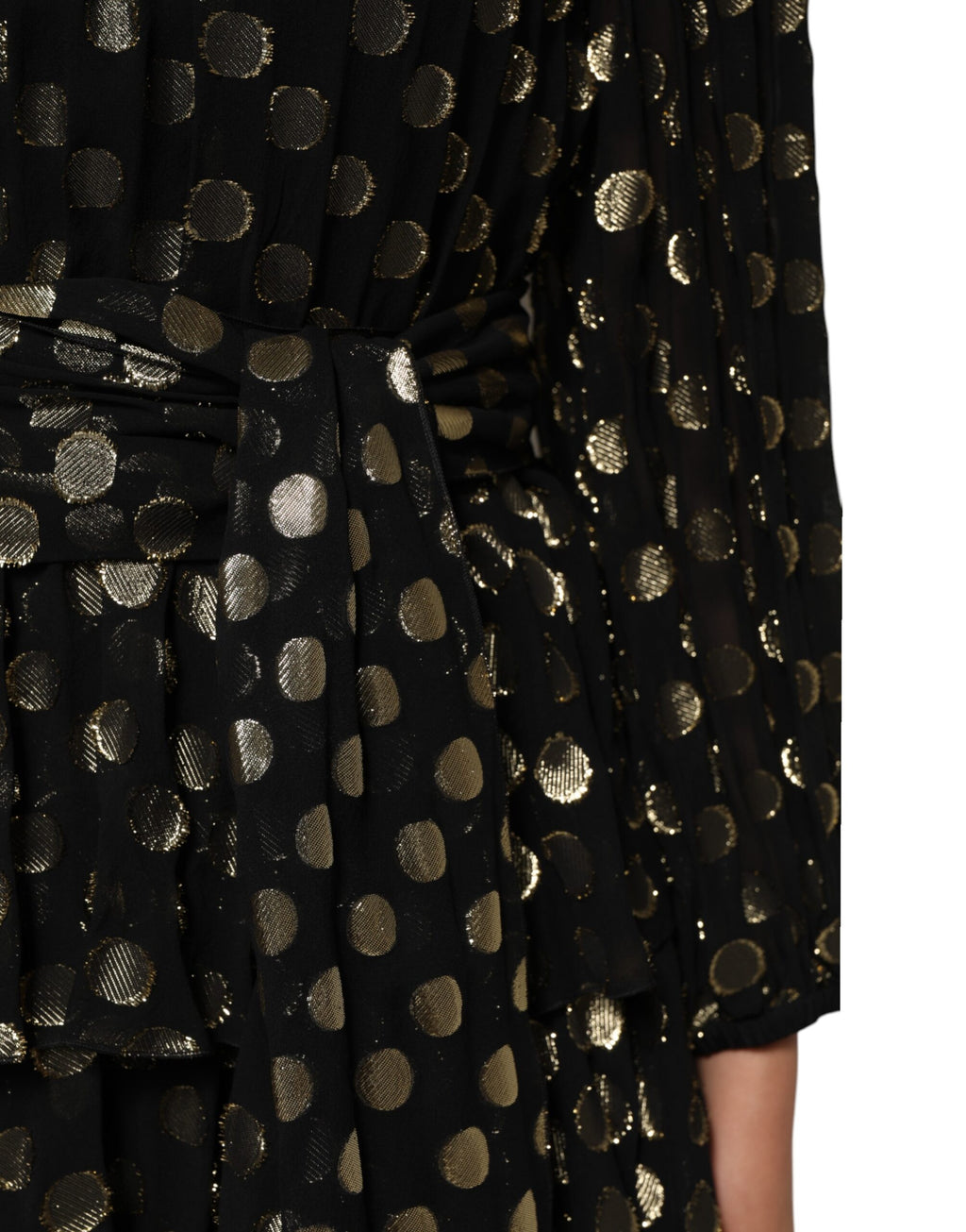 Robe courte en brocart de soie Dolce & Gabbana à pois noirs et or, élégante et sophistiquée.