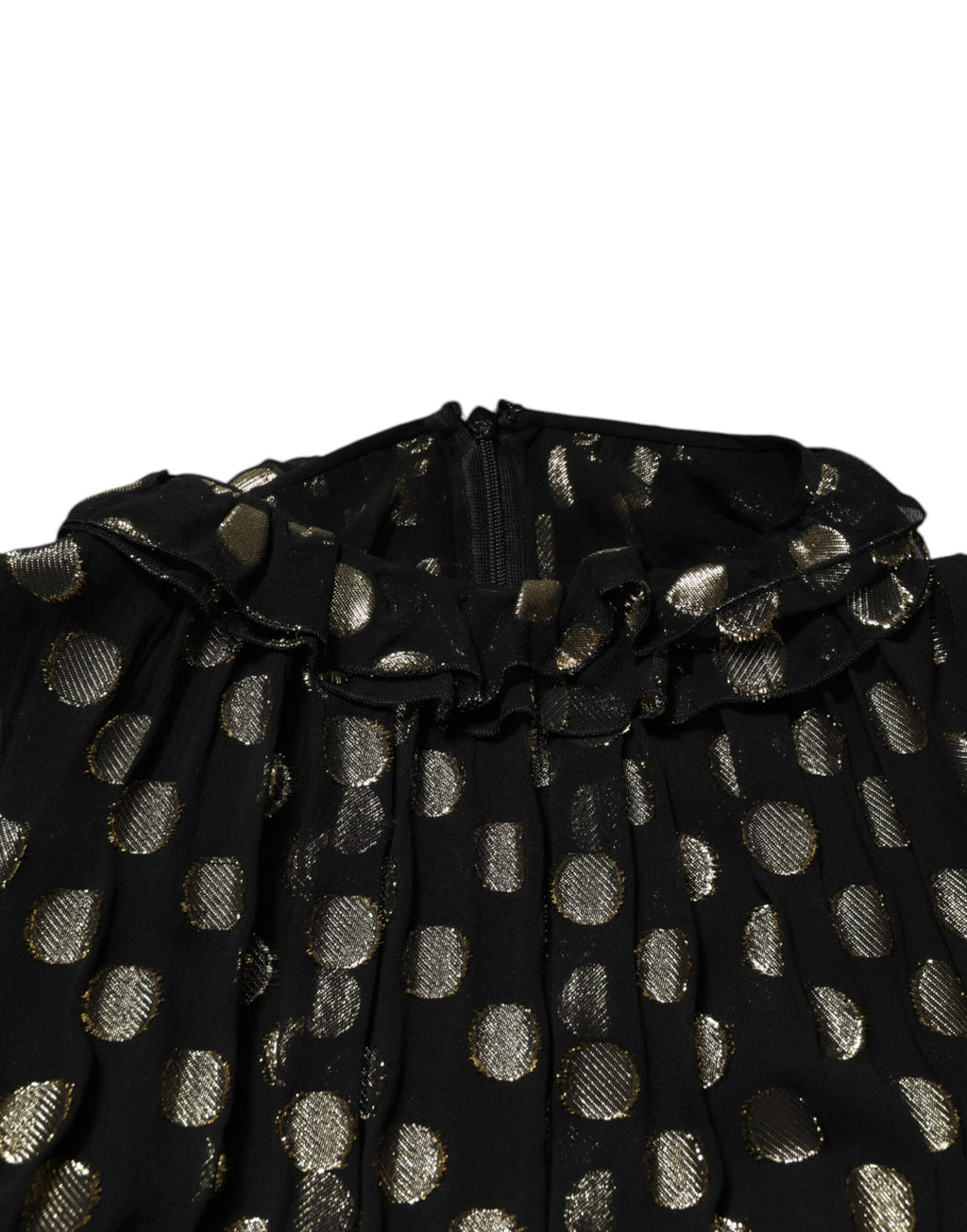 Robe courte en soie à pois dorés et noirs de Dolce & Gabbana, tissu brodé élégant avec motif à pois.