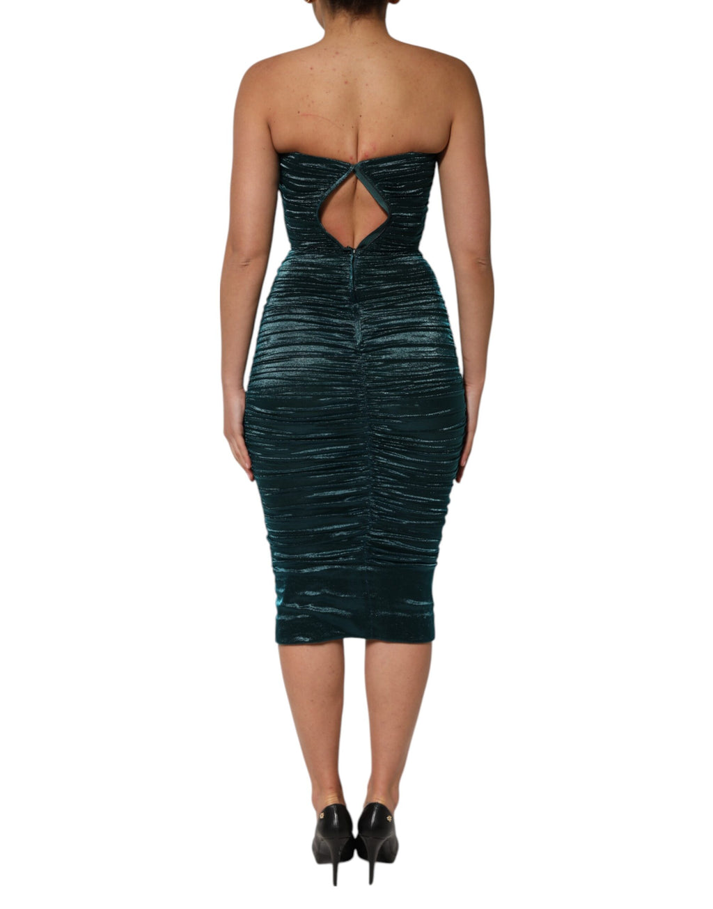 Robe bustier en satin de soie verte de Dolce & Gabbana, robe ajustée sans bretelles élégante et sophistiquée.