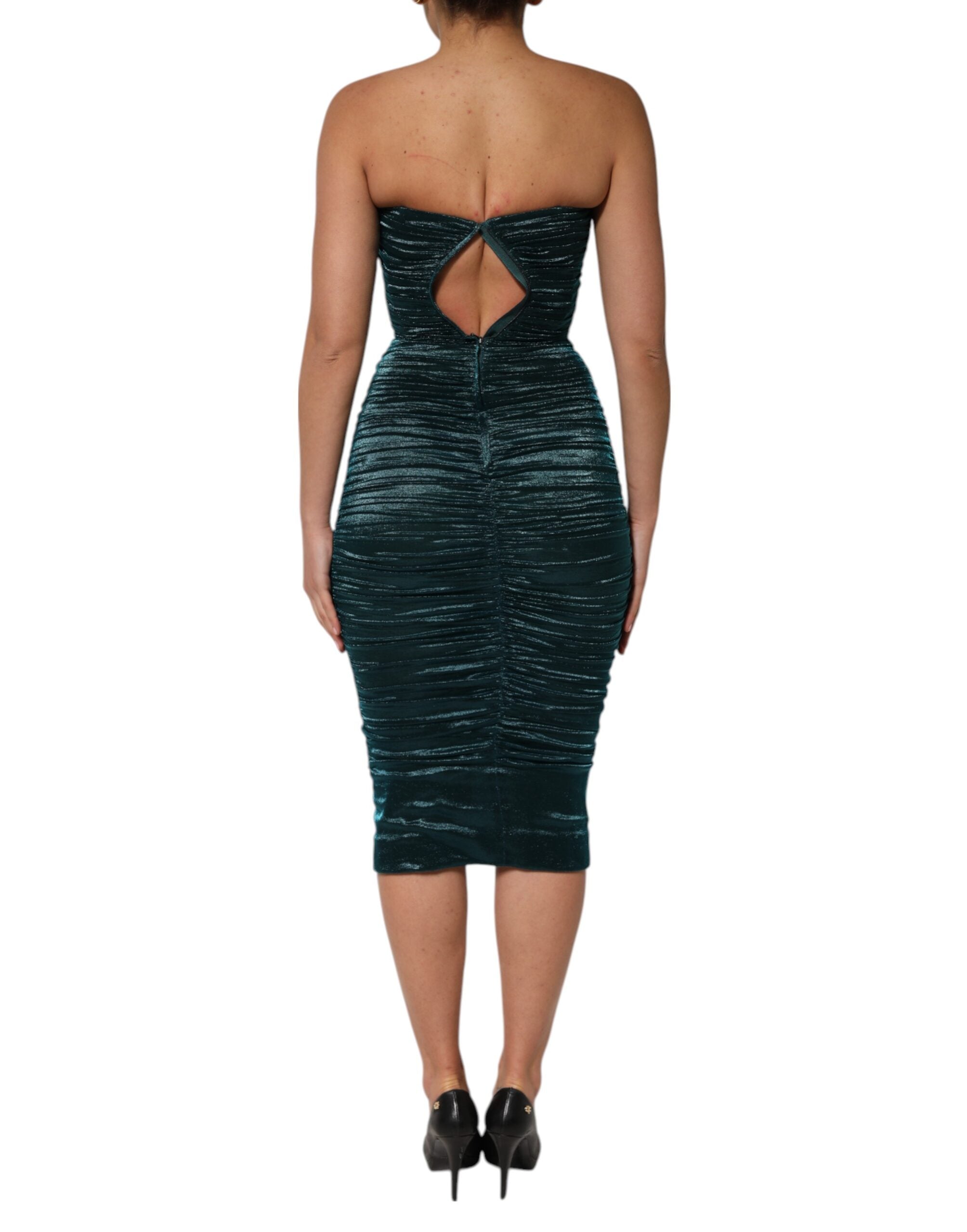 Robe bustier en satin de soie verte de Dolce & Gabbana, robe ajustée sans bretelles élégante et sophistiquée.