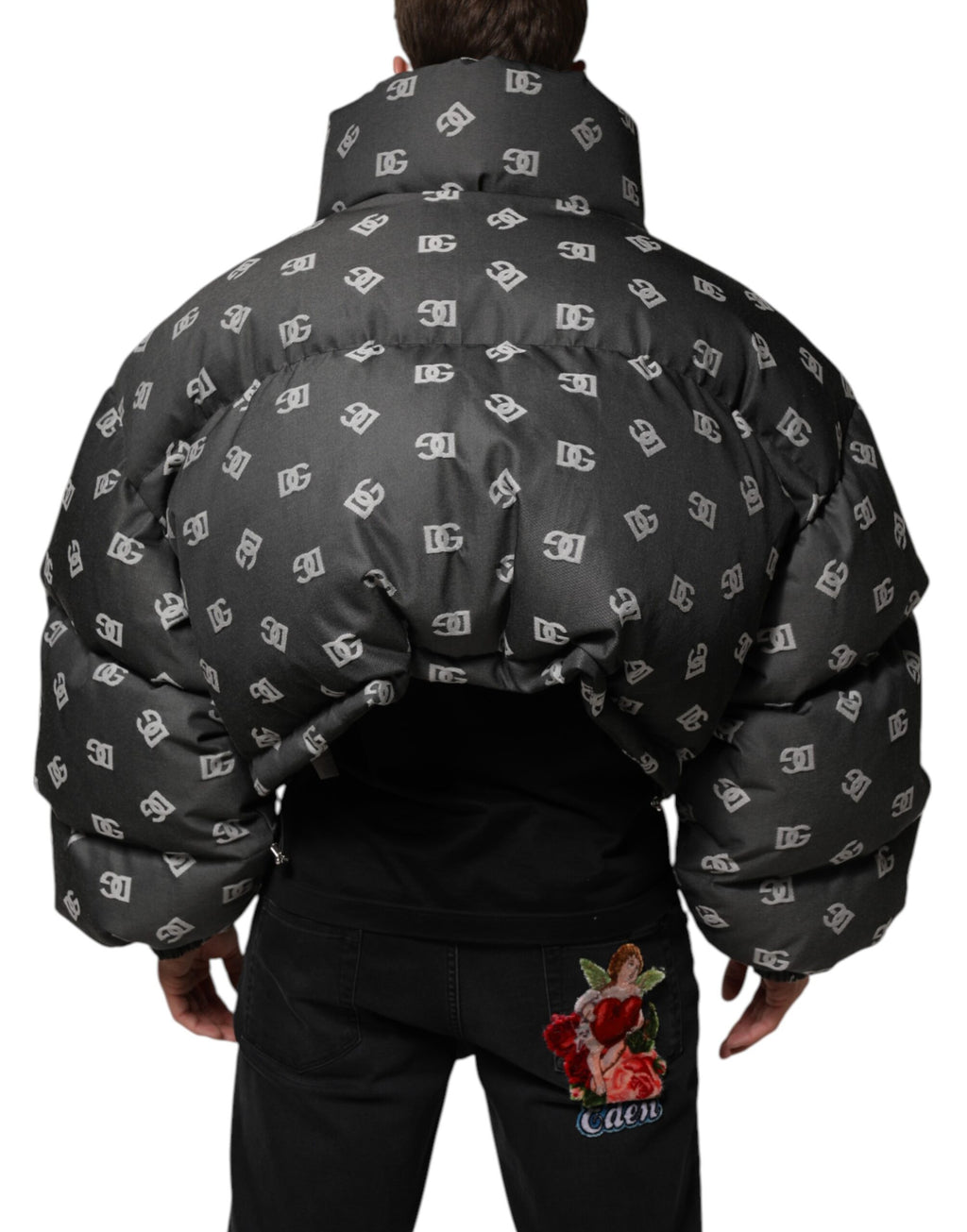 Veste homme Dolce & Gabbana noire avec monogramme DG, rembourrée, à fermeture éclair complète, style puffer.