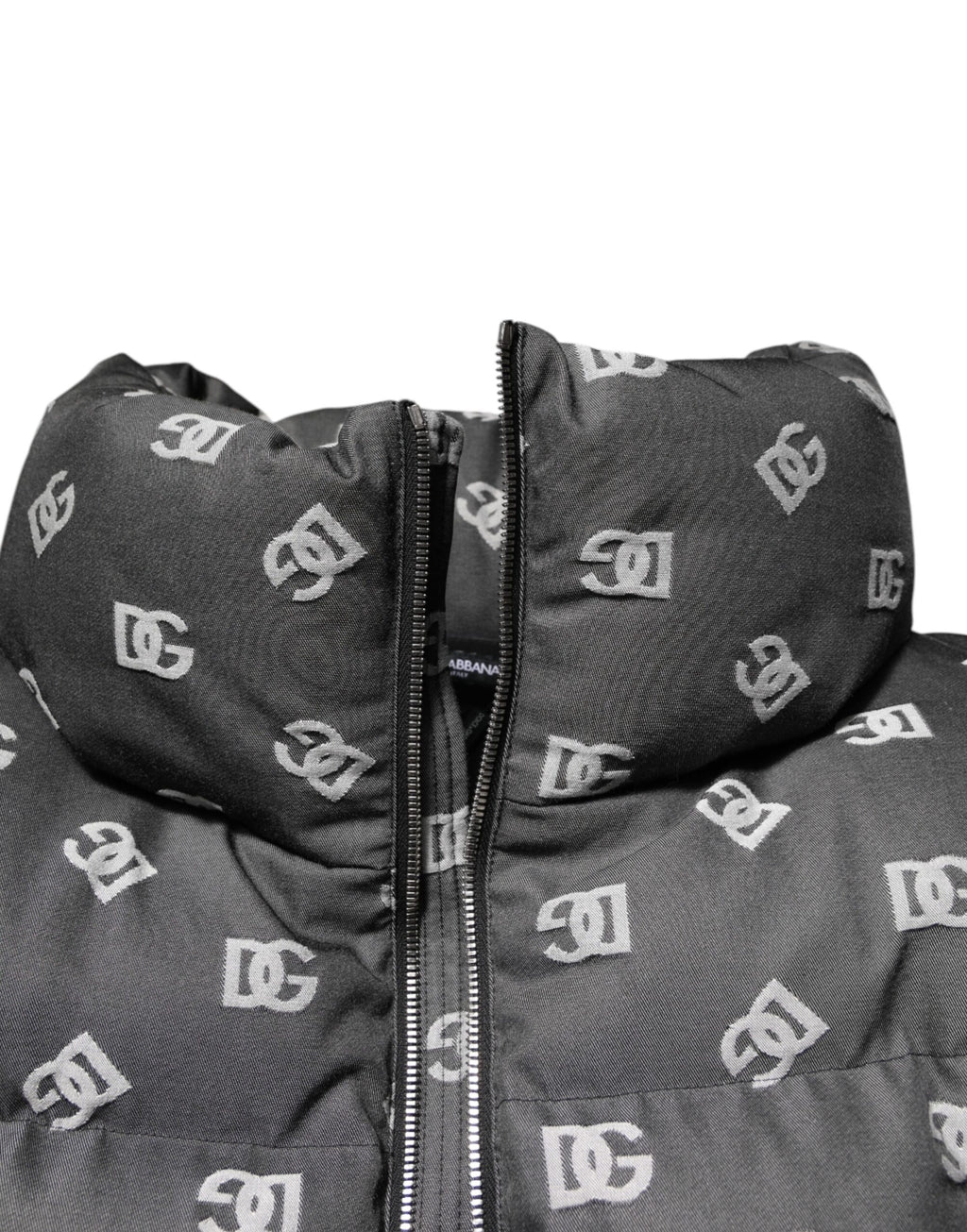 Veste homme Dolce & Gabbana noire en duvet avec logo DG monogramme, zip complet et col rembourré.