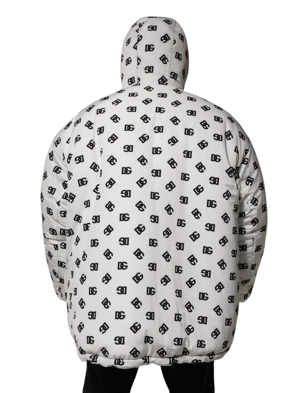 Veste matelassée blanche Dolce & Gabbana DG Monogram avec capuche, style puffer chaud et élégant.