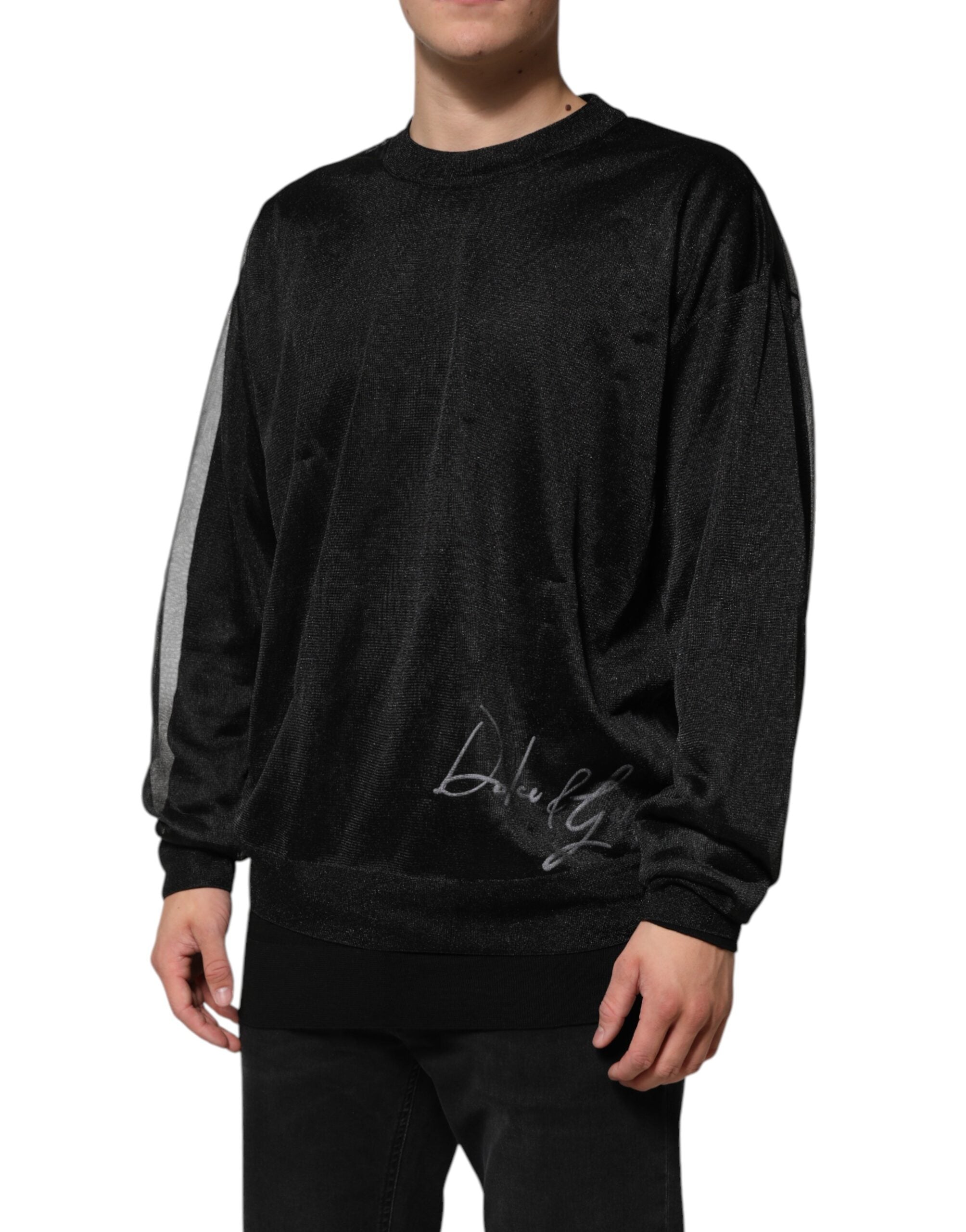 Sweatshirt noir en polyester de Dolce & Gabbana avec col rond et logo brodé, vue de face.