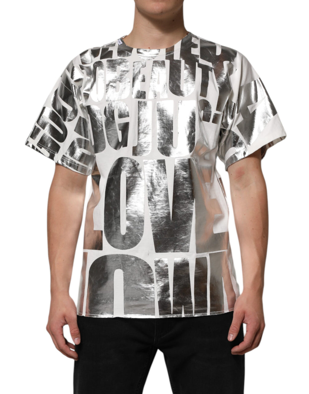 T-shirt blanc Dolce & Gabbana en coton avec imprimé métallique et col rond, vue de face.