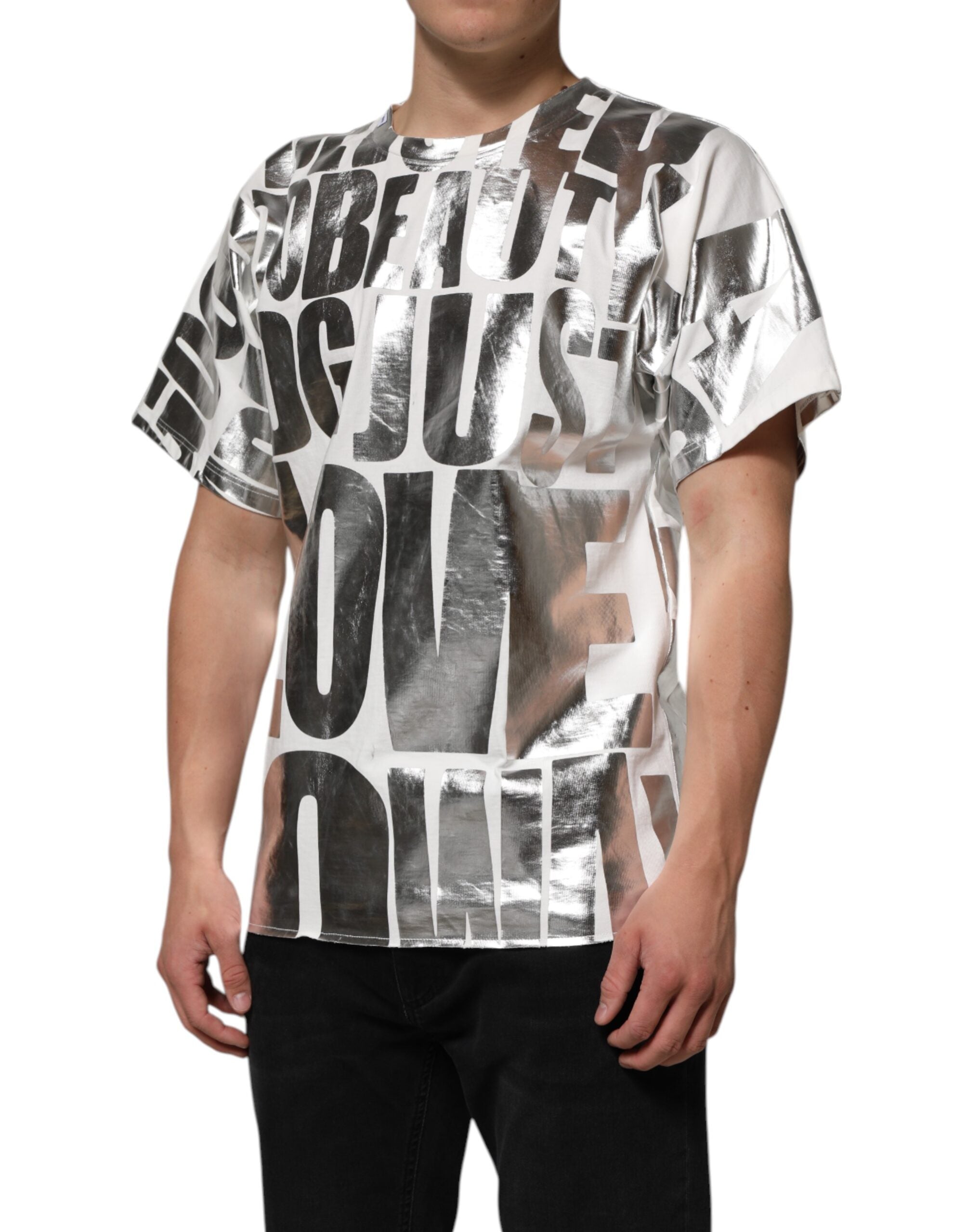 T-shirt blanc en coton avec imprimé métallique Dolce & Gabbana, col rond, style décontracté et élégant.