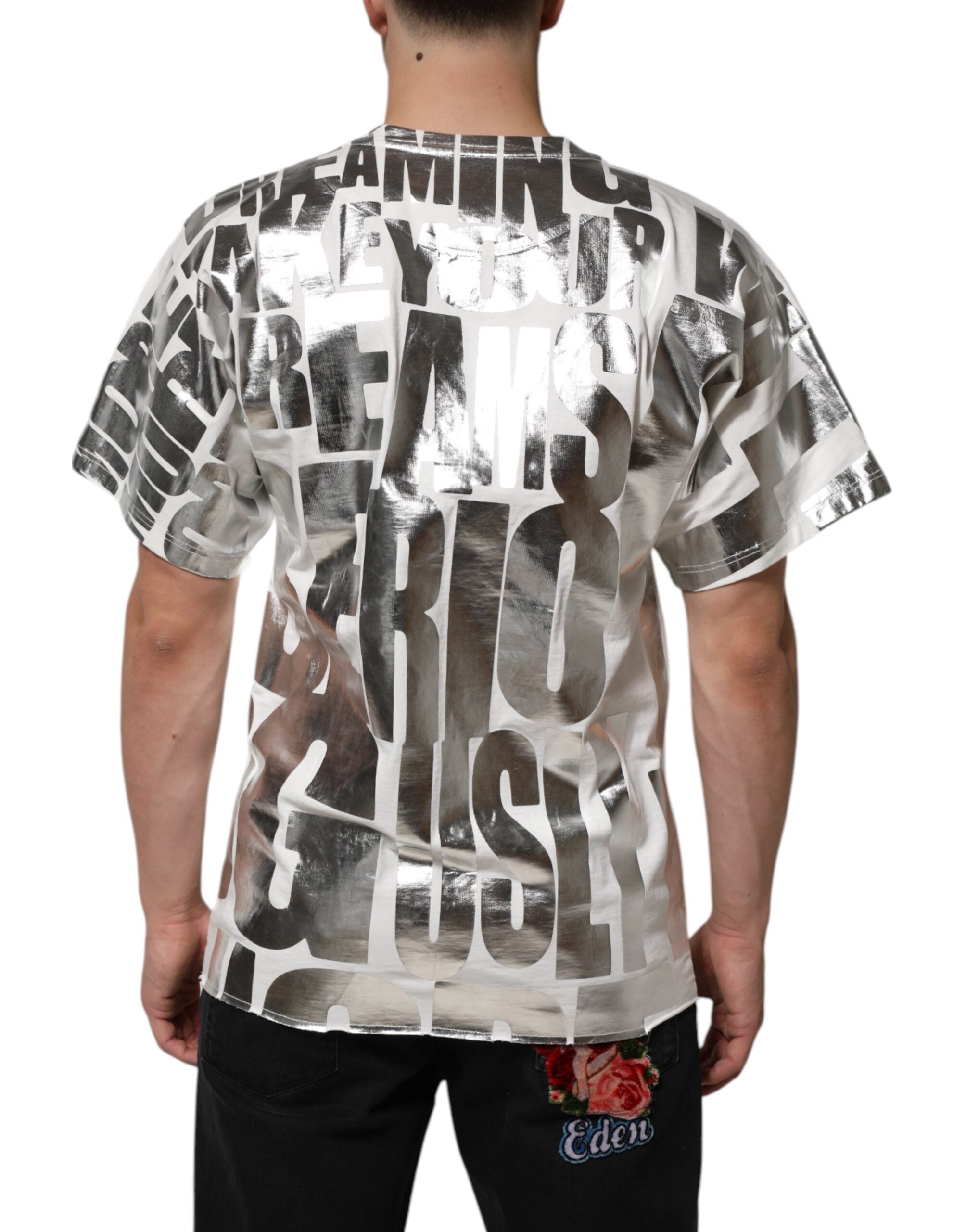 T-shirt blanc en coton à imprimé métallique de Dolce & Gabbana, col rond, style décontracté et moderne.