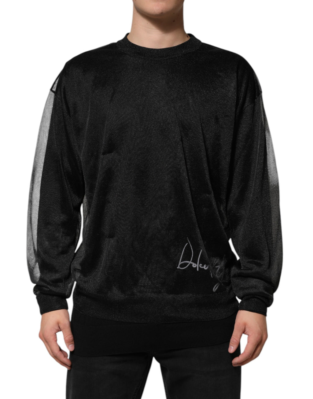 Sweat-shirt noir en polyester Dolce & Gabbana, pull-over confortable avec logo brodé et design épuré.