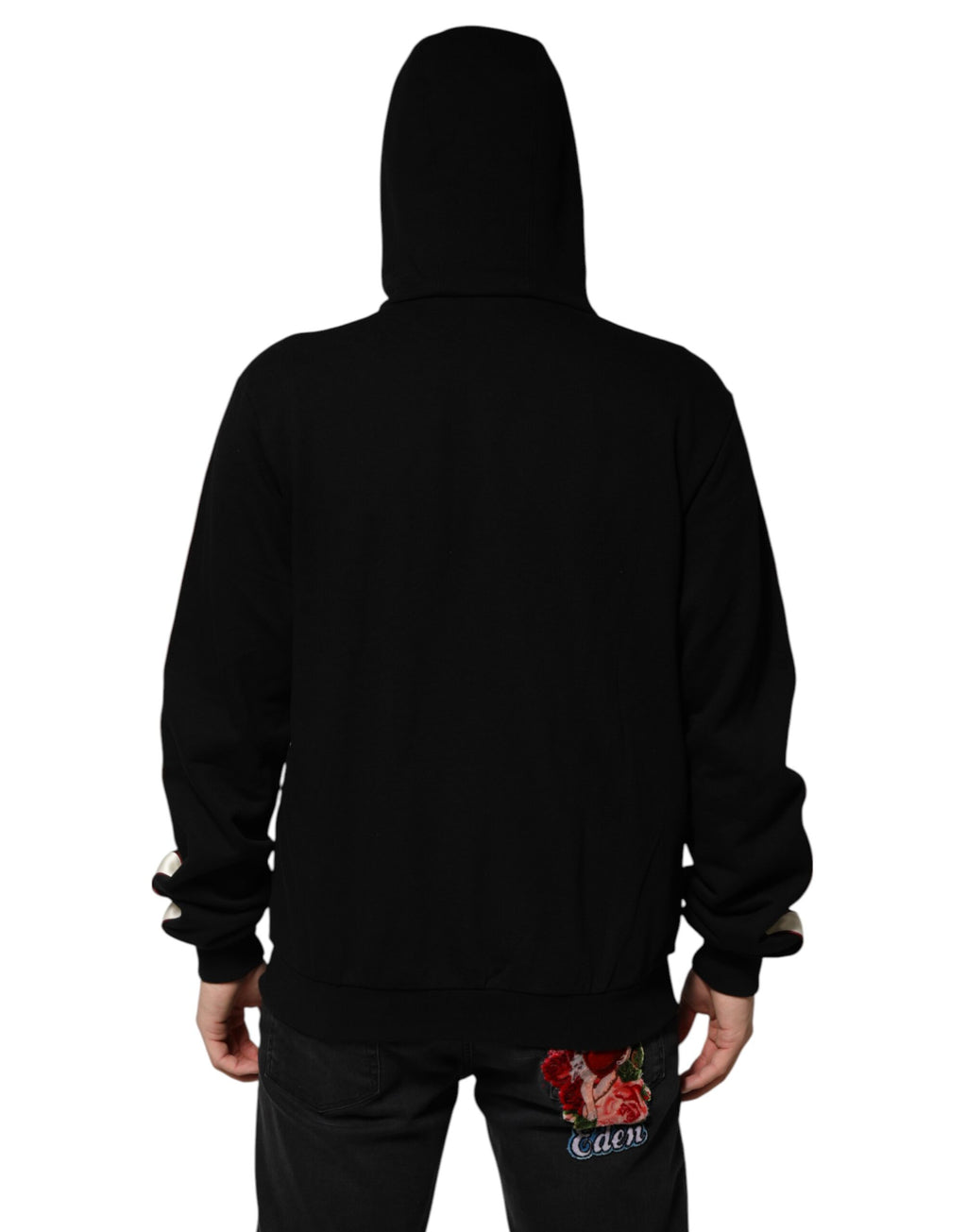 Pull Dolce & Gabbana en coton noir avec plaque, cardigan ou sweat-shirt à manches longues, détail de la texture visible.