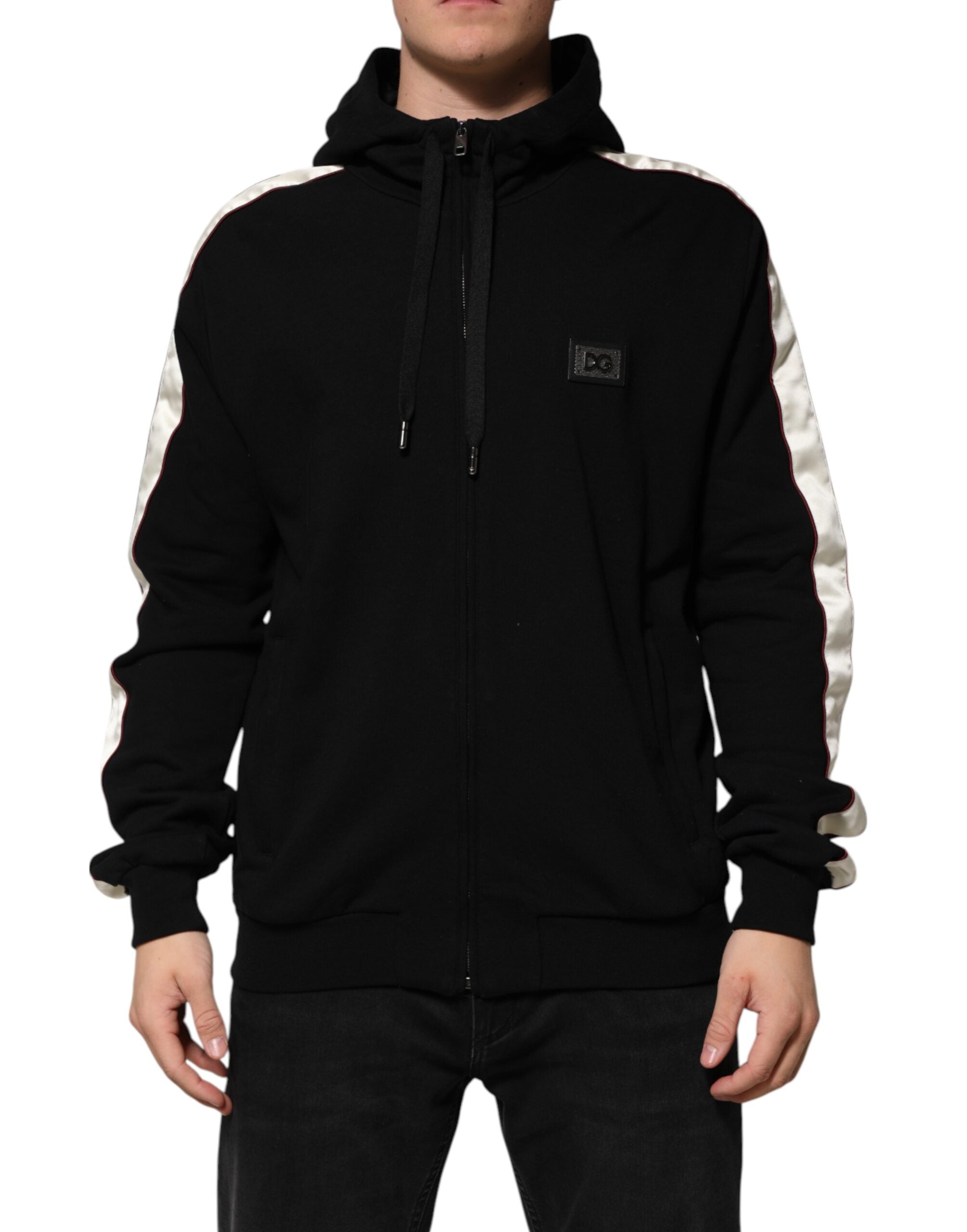 Cardigan Dolce & Gabbana en coton noir avec plaque de détail, pull à manches longues et style décontracté.