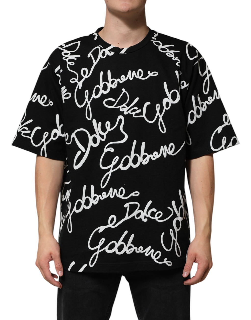 T-shirt en coton noir Dolce & Gabbana avec logo imprimé, col rond et style décontracté.