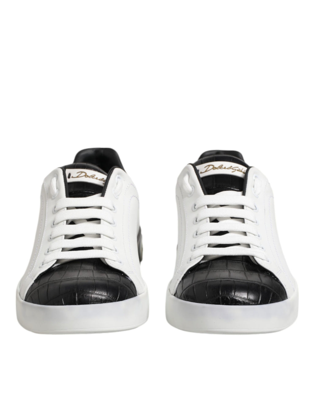 Chaussures sneakers Portofino en cuir blanc et noir de Dolce & Gabbana, style élégant avec détails en cuir.