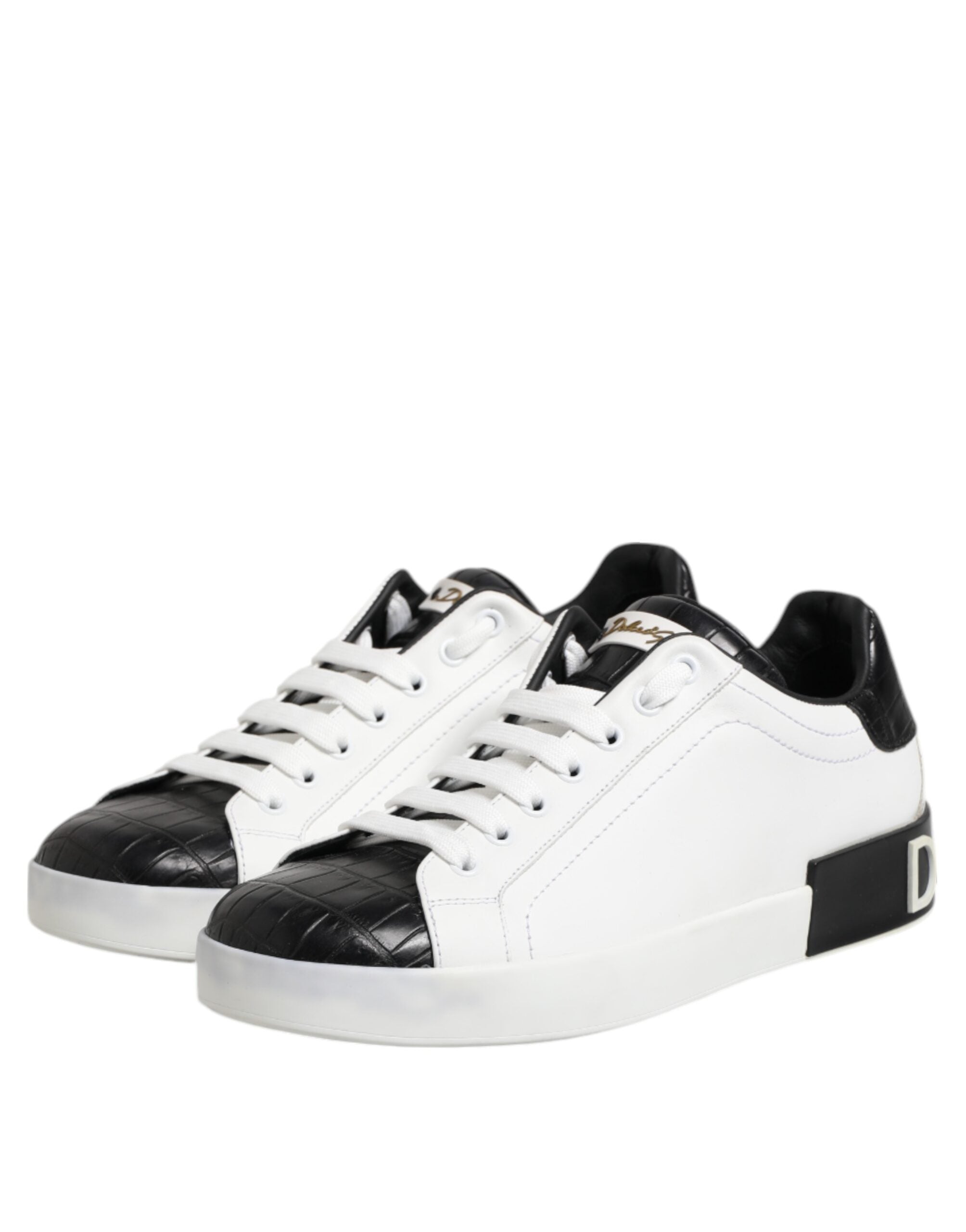 Chaussures Portofino en cuir blanc et noir de Dolce & Gabbana, baskets élégantes pour homme ou femme.