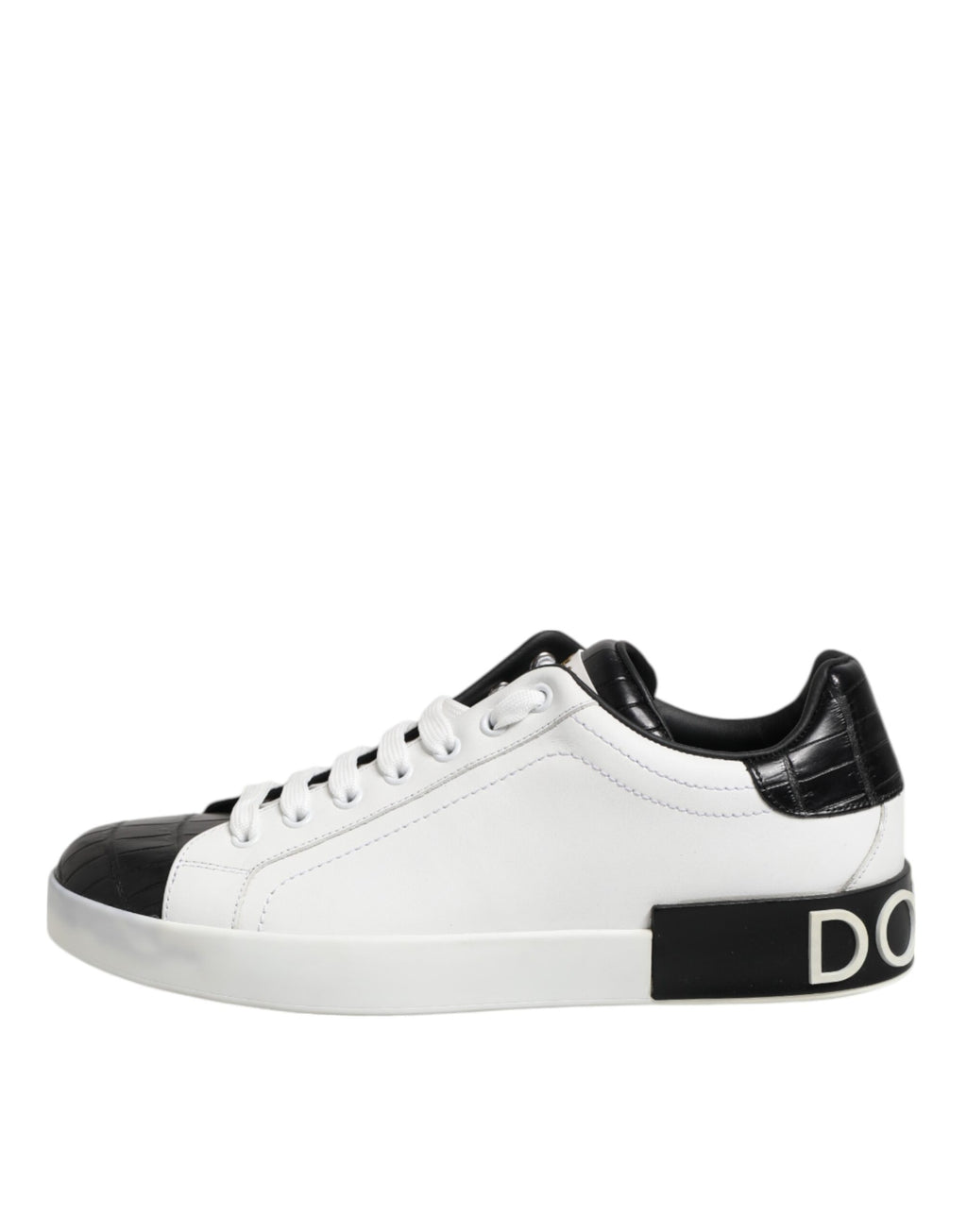 Chaussures sneakers Portofino en cuir blanc et noir de Dolce & Gabbana, vue de face.