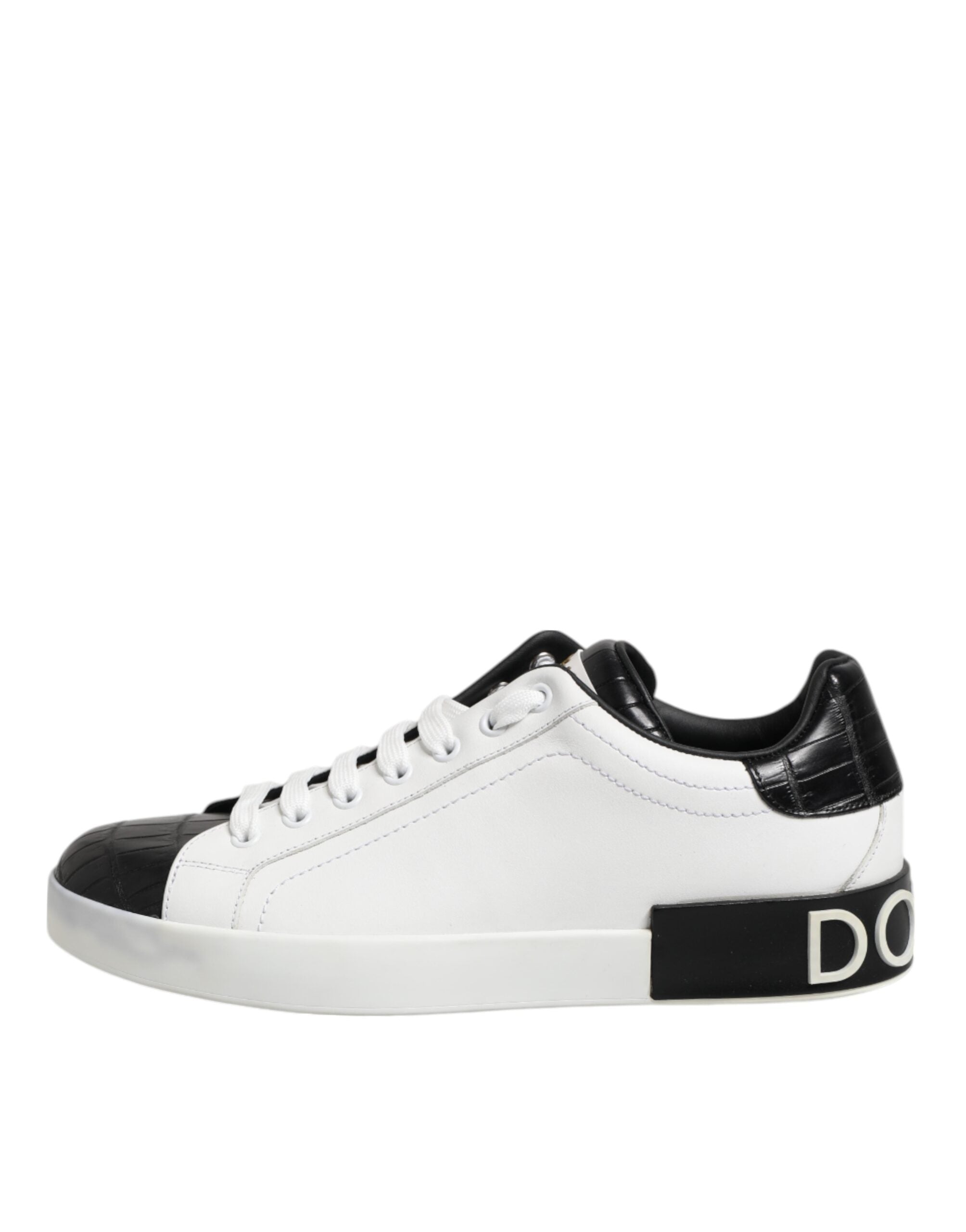 Chaussures sneakers Portofino en cuir blanc et noir de Dolce & Gabbana, vue de face.